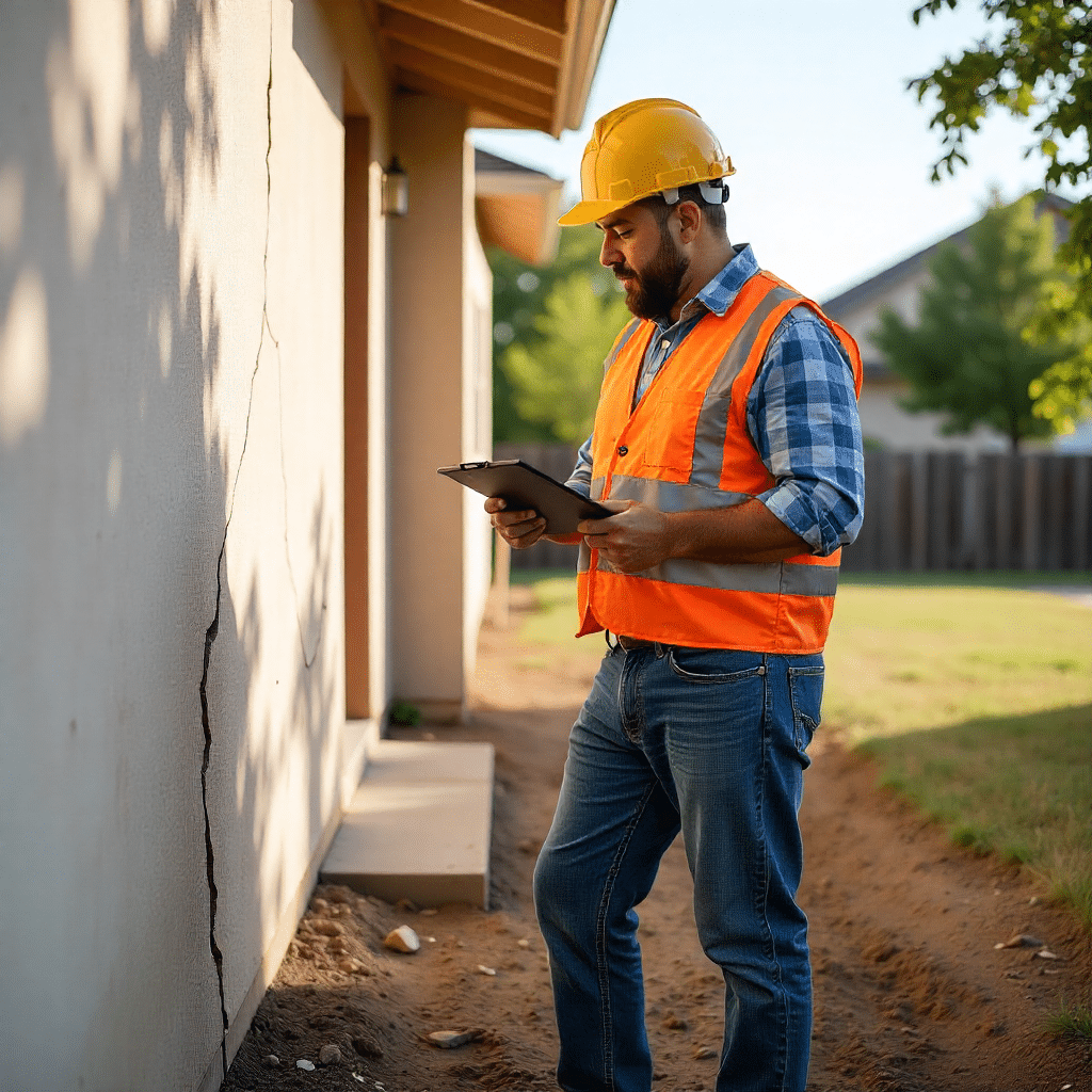 A structural engineer inspecting a concrete foundation on a sunny summer day in Texas, wearing a yellow hard hat, an orange safety vest, and blue jeans, holding a clipboard, by a suburban house with a cracked wall.