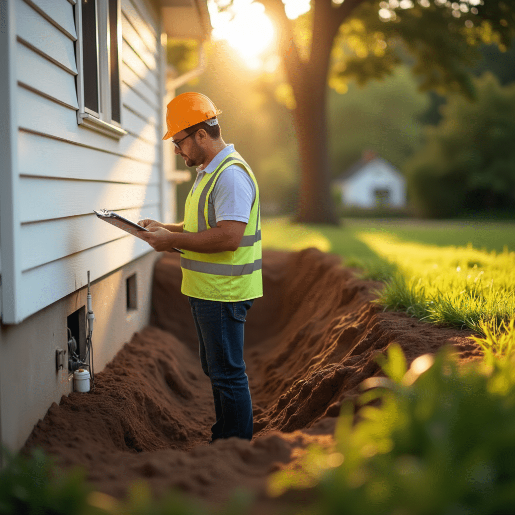 A foundation inspector carrying a clipboard, inspects a crawl space foundation in a suburban home on a sunny summer day.