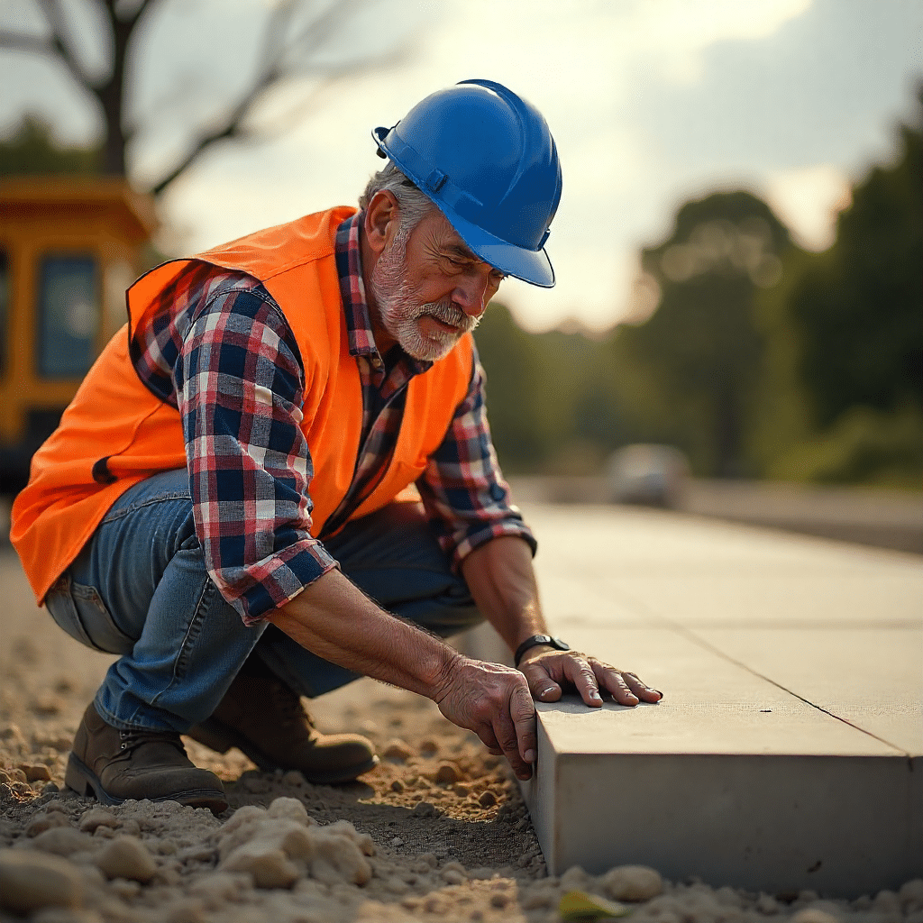 A construction worker wearing a blue hard hat and a reflective vest, inspecting a concrete foundation for cracks on a sunny summer afternoon.