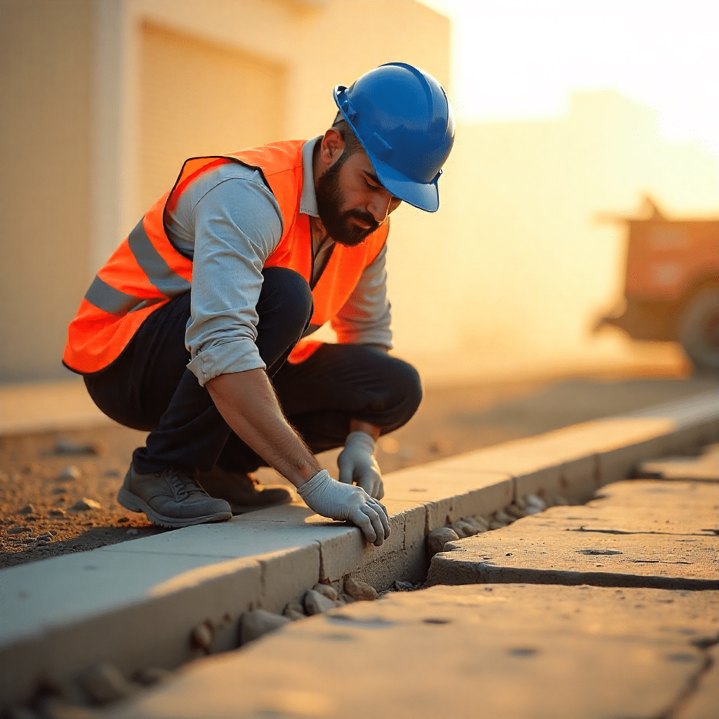 A construction worker wearing a blue hard hat and a reflective vest, carefully examining a concrete foundation for cracks on a hazy summer morning, with heat waves rising from the ground.