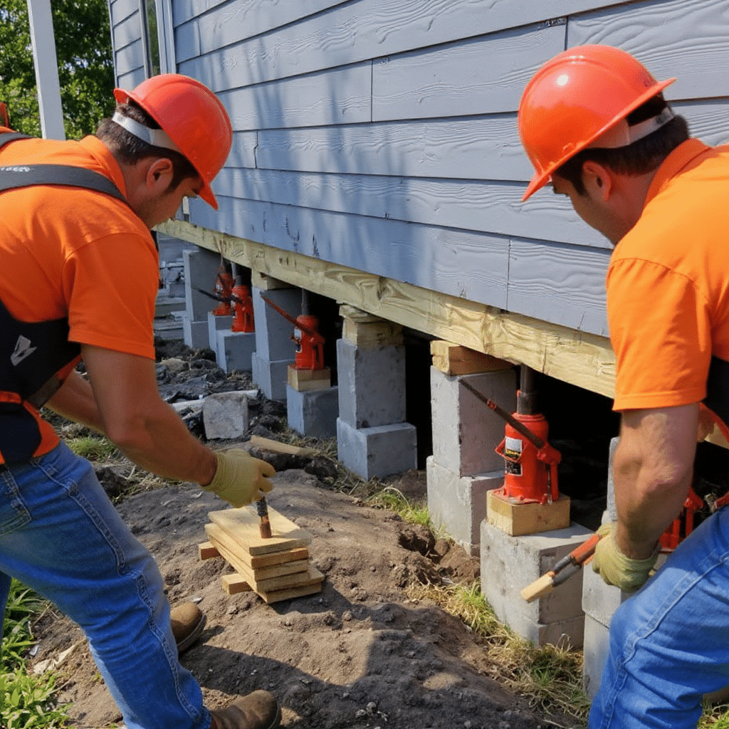 A realistic close-up photograph of foundation repair experts performing house leveling. Hydraulic jacks and stacked wooden cribbing are placed tightly under the foundation wall, raising the house just a few inches to correct settling. Workers in orange and black uniforms with safety helmets and gloves are carefully adjusting the jacks, focusing on precision. Soil around the foundation is freshly excavated, with the concrete footing clearly visible. Bright daylight, sharp detail on the equipment and repair process, emphasizing accuracy and expertise in leveling.