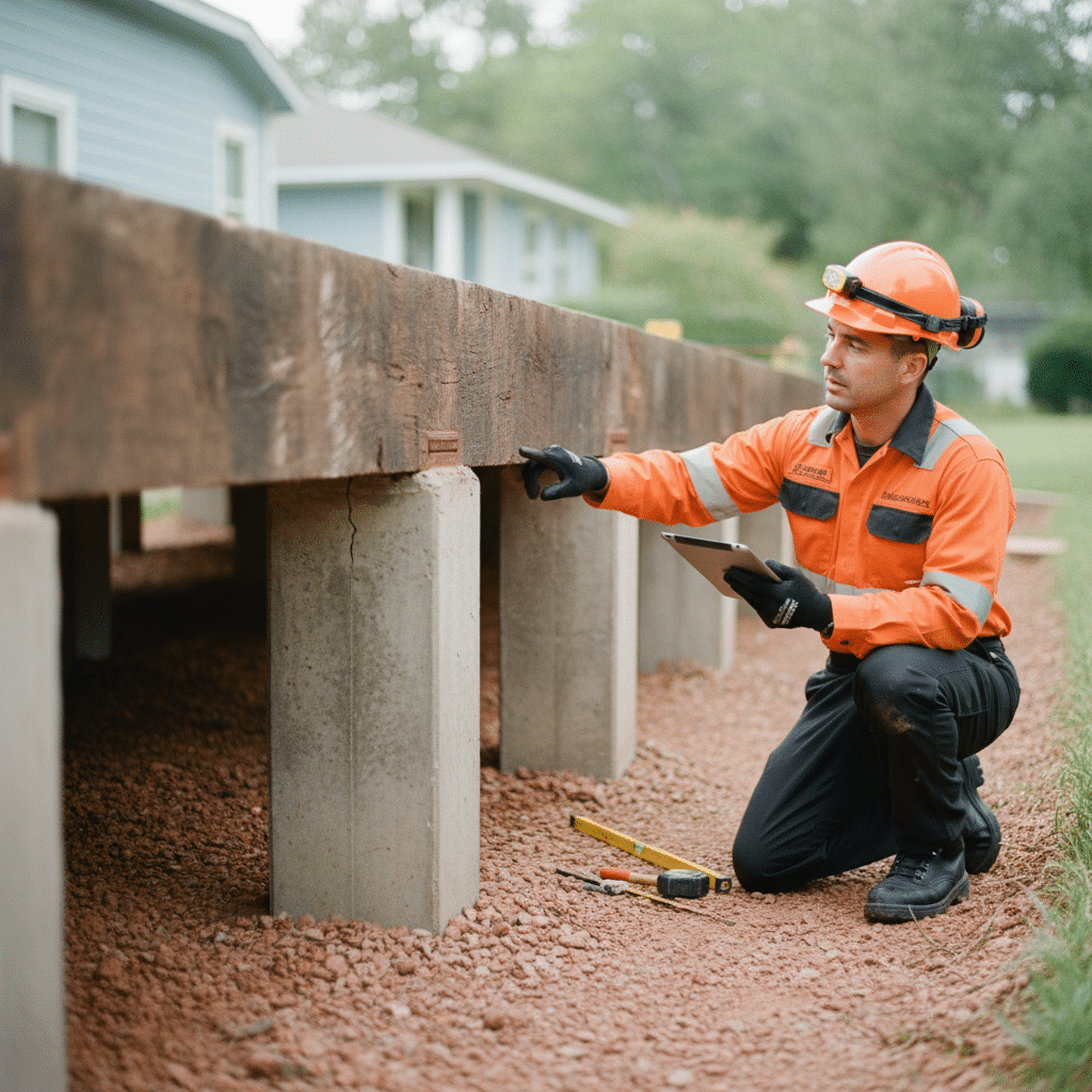 worker inspecting pier and beams foundation