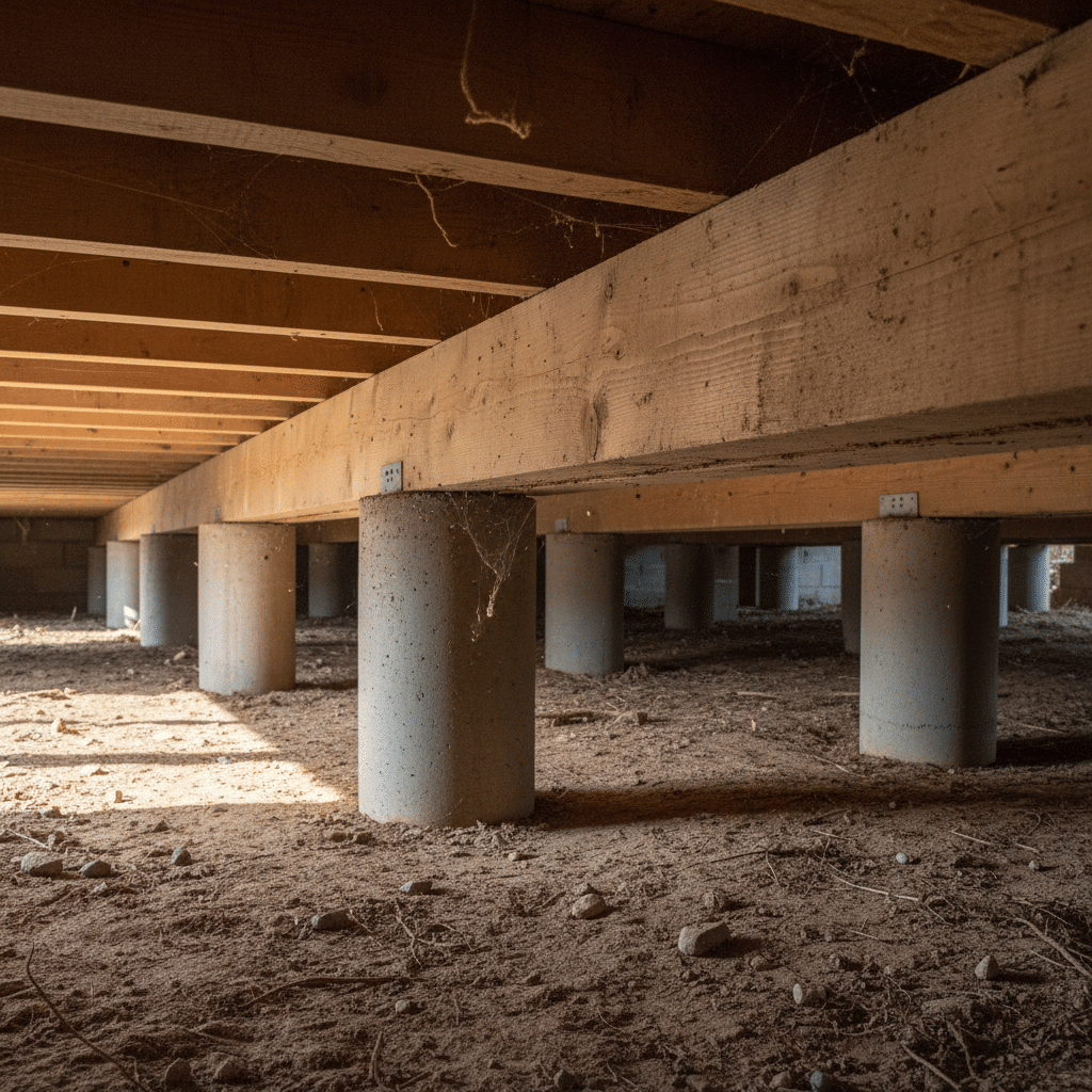 A hyper-realistic close-up photograph of a pier and beam foundation. Concrete piers rise from the soil, supporting heavy wooden beams above. Bright natural daylight filters in from the open side of the crawl space, clearly illuminating the soil floor, the smooth concrete surfaces, and the wood grain of the beams. The scene emphasizes strength, stability, and craftsmanship in pier and beam construction, with a clean, professional look.