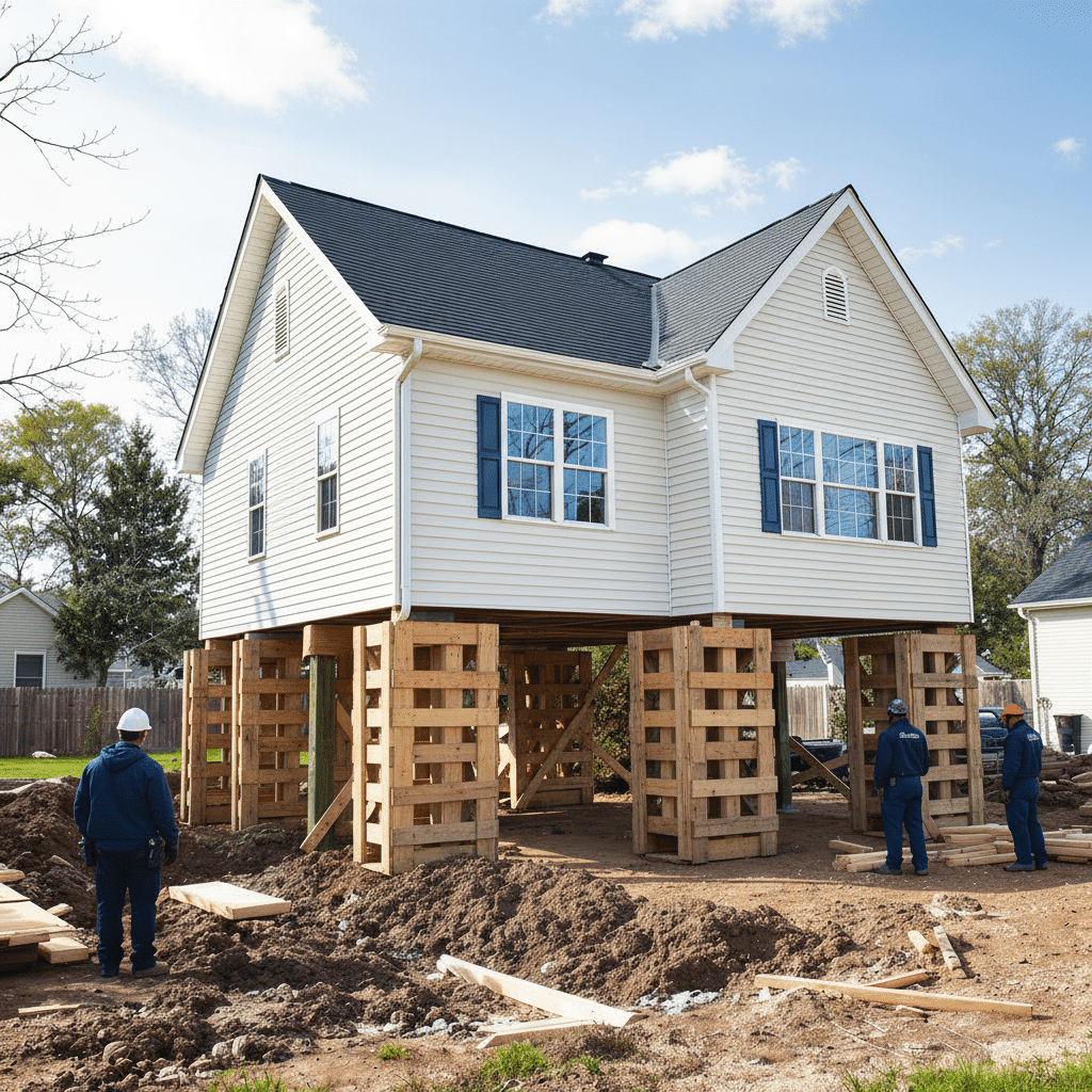 house lifting using wooden crib