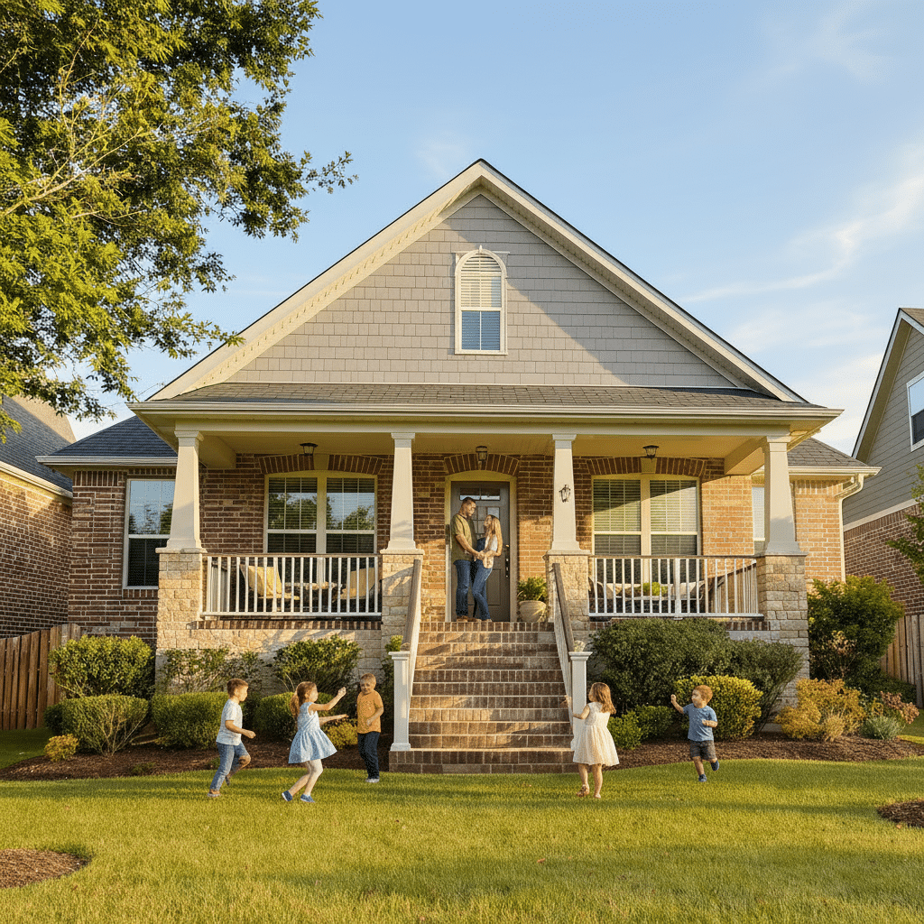 a suburban home with a family in the front porch and yard