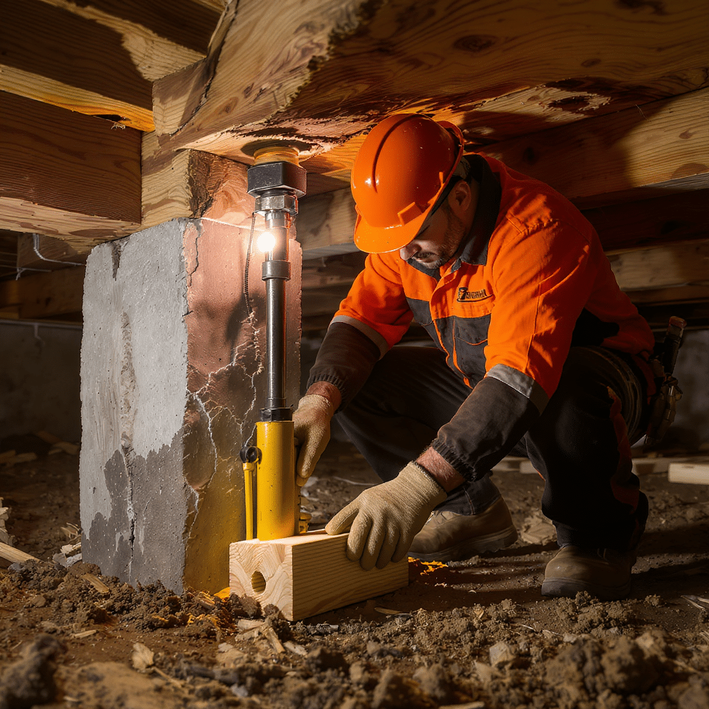 A hyper-realistic close-up photograph of a foundation repair expert inside a crawl space working on a pier and beam foundation. The worker wears a professional orange and black uniform with a safety helmet, gloves, and kneepads. He is crouched low, carefully adjusting a hydraulic jack and inserting wooden shims beneath a heavy wooden beam supported by a concrete pier. The soil floor and beams are clearly visible around him, with work lights casting focused illumination that highlights the worker’s concentration, the texture of the wood grain, the metal of the jack, and the stability of the repair. The scene emphasizes precision, safety, and expert craftsmanship.