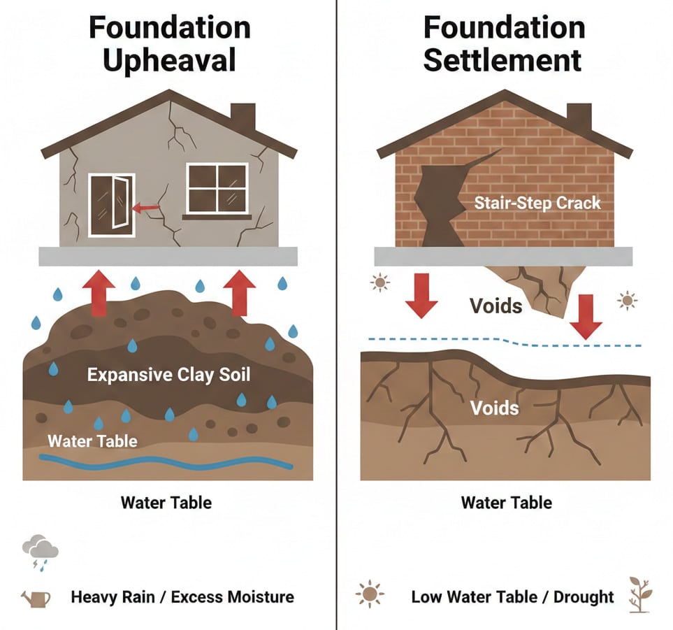 Diagram comparing foundation upheaval (soil pushing up) and settlement (foundation sinking into soil voids).