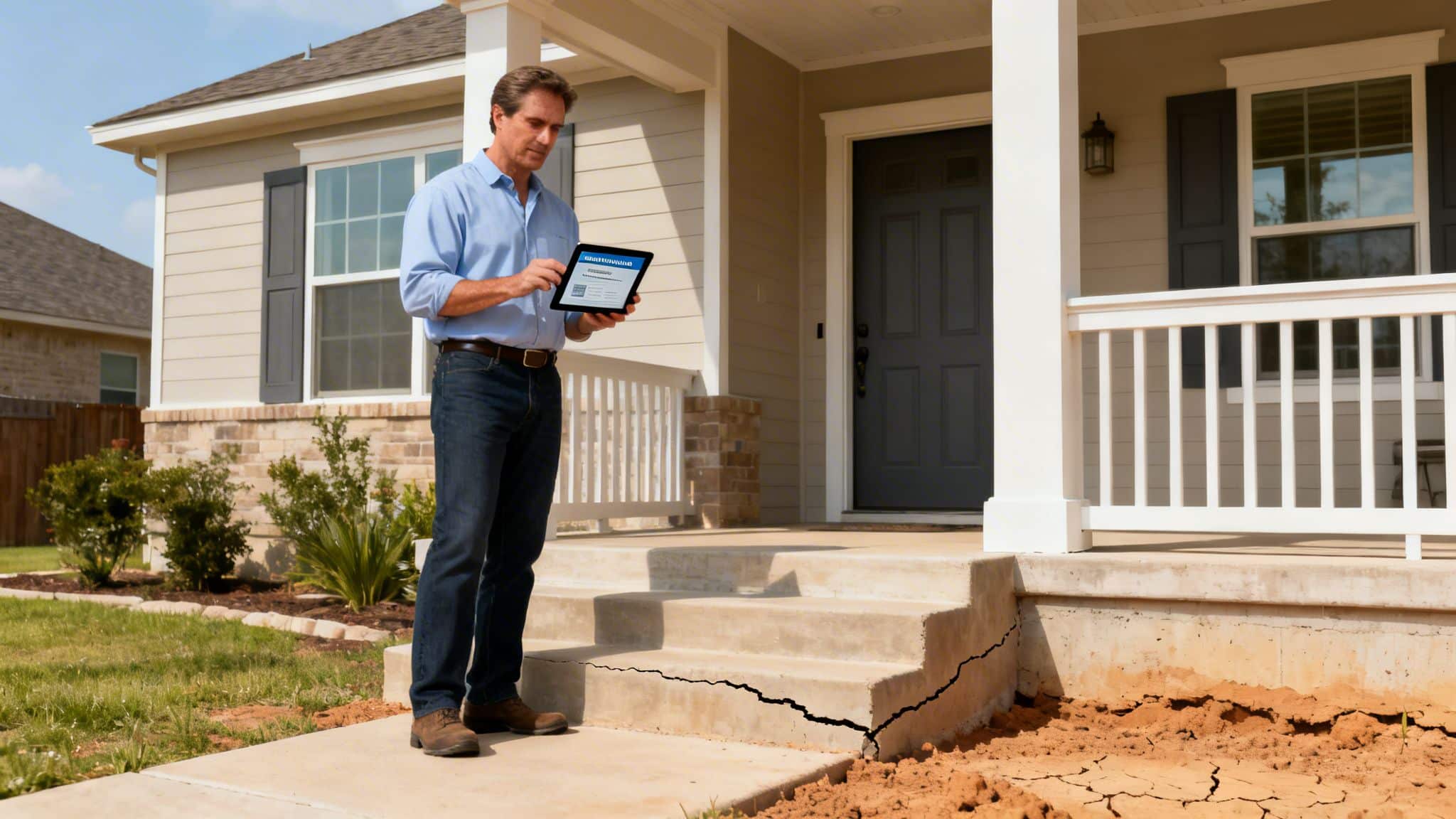 Man inspecting severe foundation cracks on a house's concrete steps with a tablet.