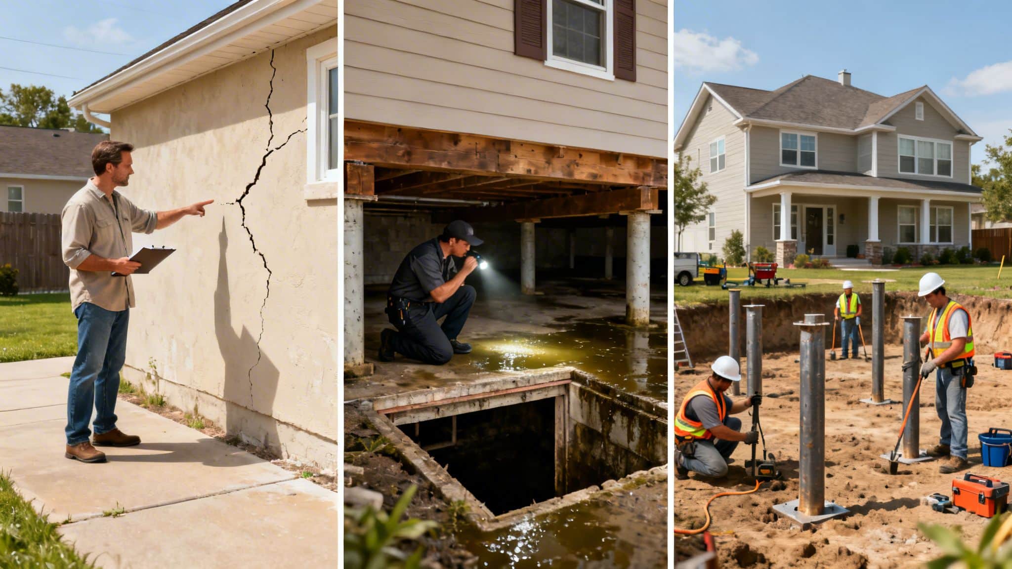 Scenes of house foundation problems: a man inspecting a cracked wall, a worker in a flooded crawl space, and laborers installing foundation piers.