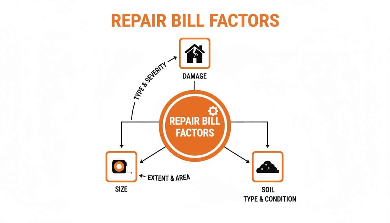 Diagram illustrating repair bill factors: type and severity of damage, size and extent of area, and soil type and condition.