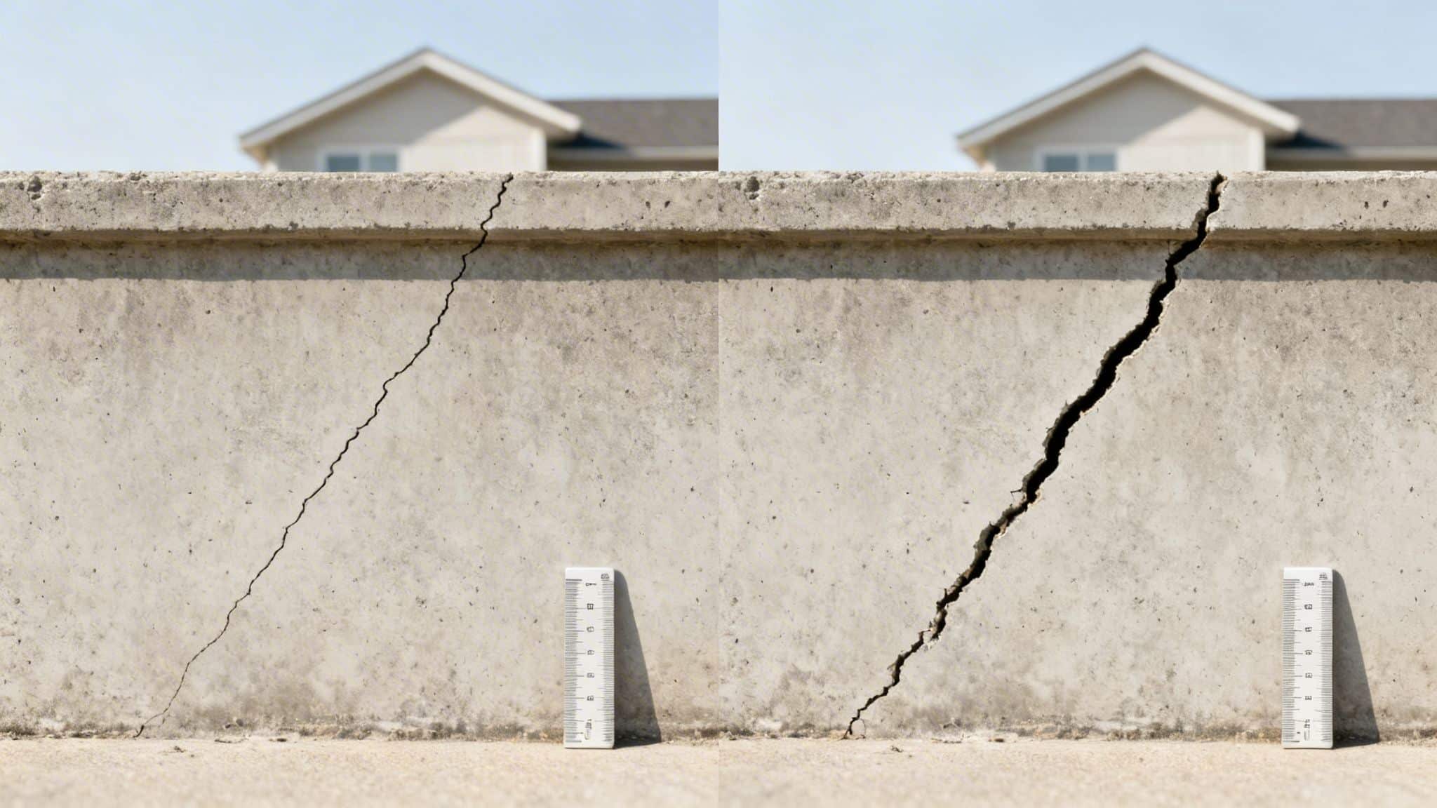 A diptych showing concrete wall cracks, small on left, severe on right, with rulers for scale.