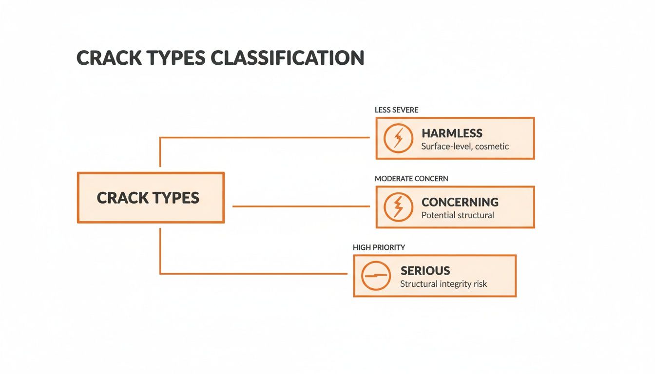 Flowchart classifying crack types into harmless, concerning, and serious, indicating their severity and impact.