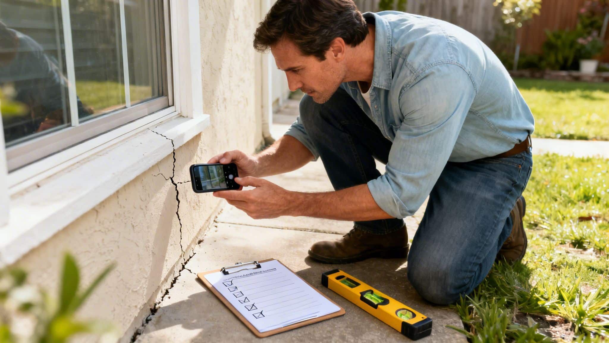 A man kneels to photograph a vertical crack in a house's concrete foundation with his phone.