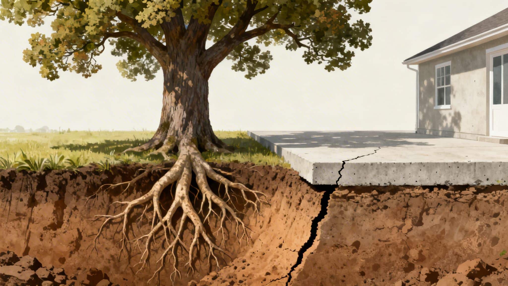 Tree roots cause a severe crack and subsidence in a concrete house foundation.