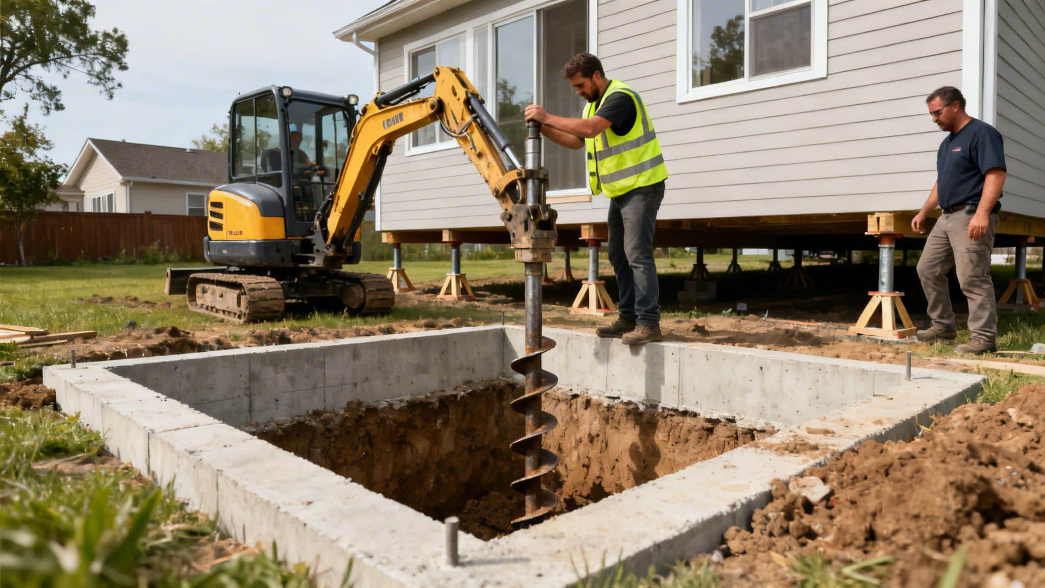Two men operate an excavator with an auger to dig a house foundation.