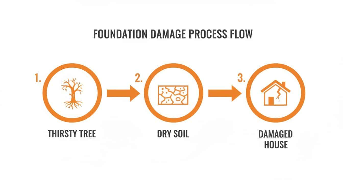 Diagram illustrating the foundation damage process, showing how a thirsty tree leads to dry soil and a damaged house.
