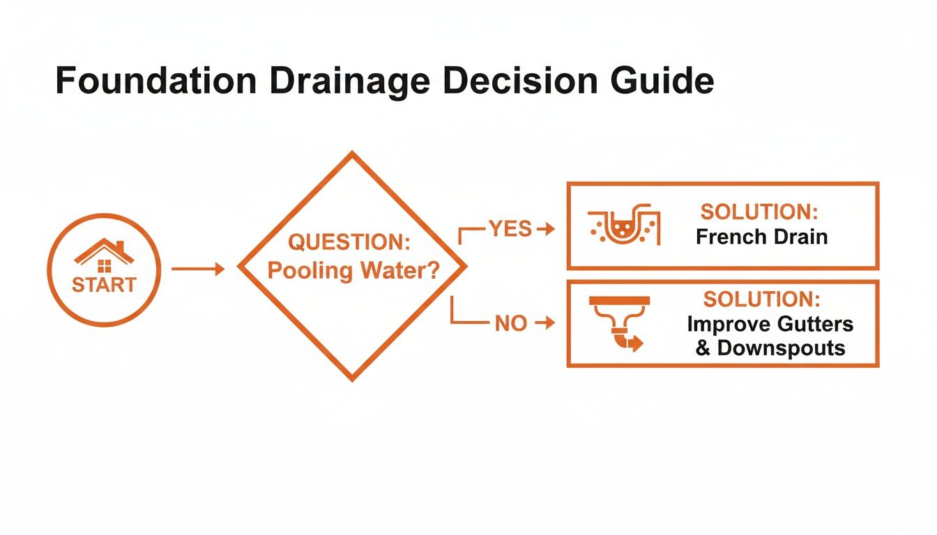 Flowchart showing a foundation drainage decision guide starting with pooling water, leading to French drain or gutter solutions.