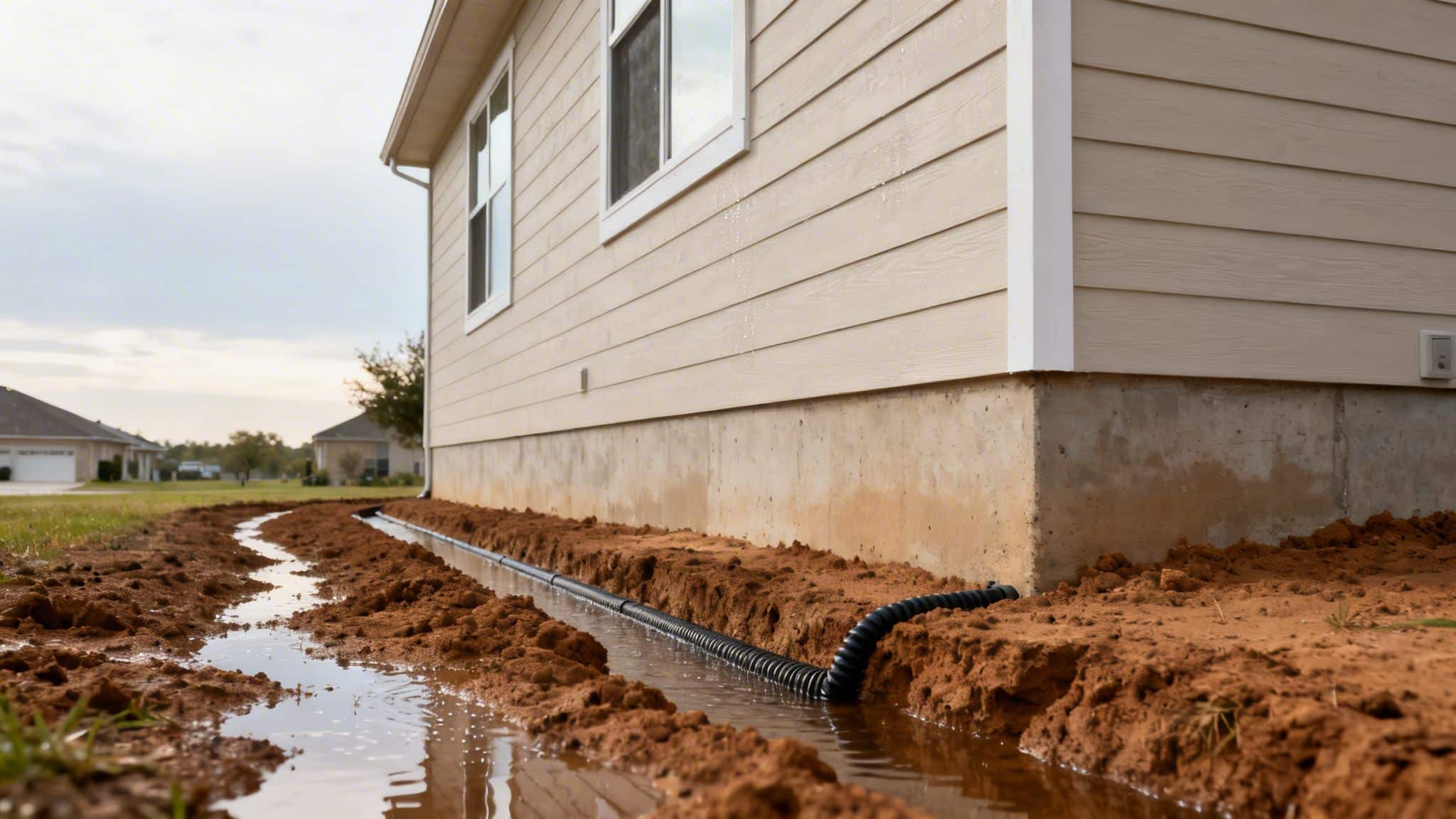 A trench with a black drainage pipe and water next to a house foundation.