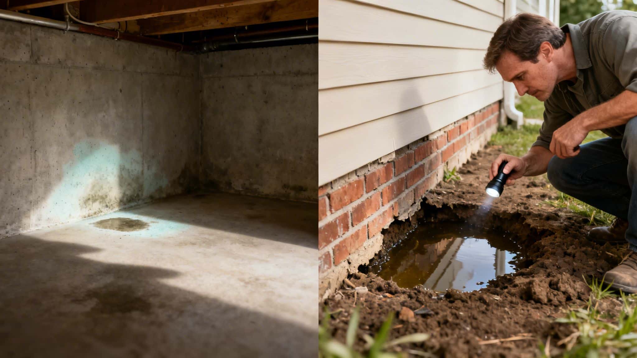 Split image: a damp basement wall with mold and a man inspecting foundation water damage outside.
