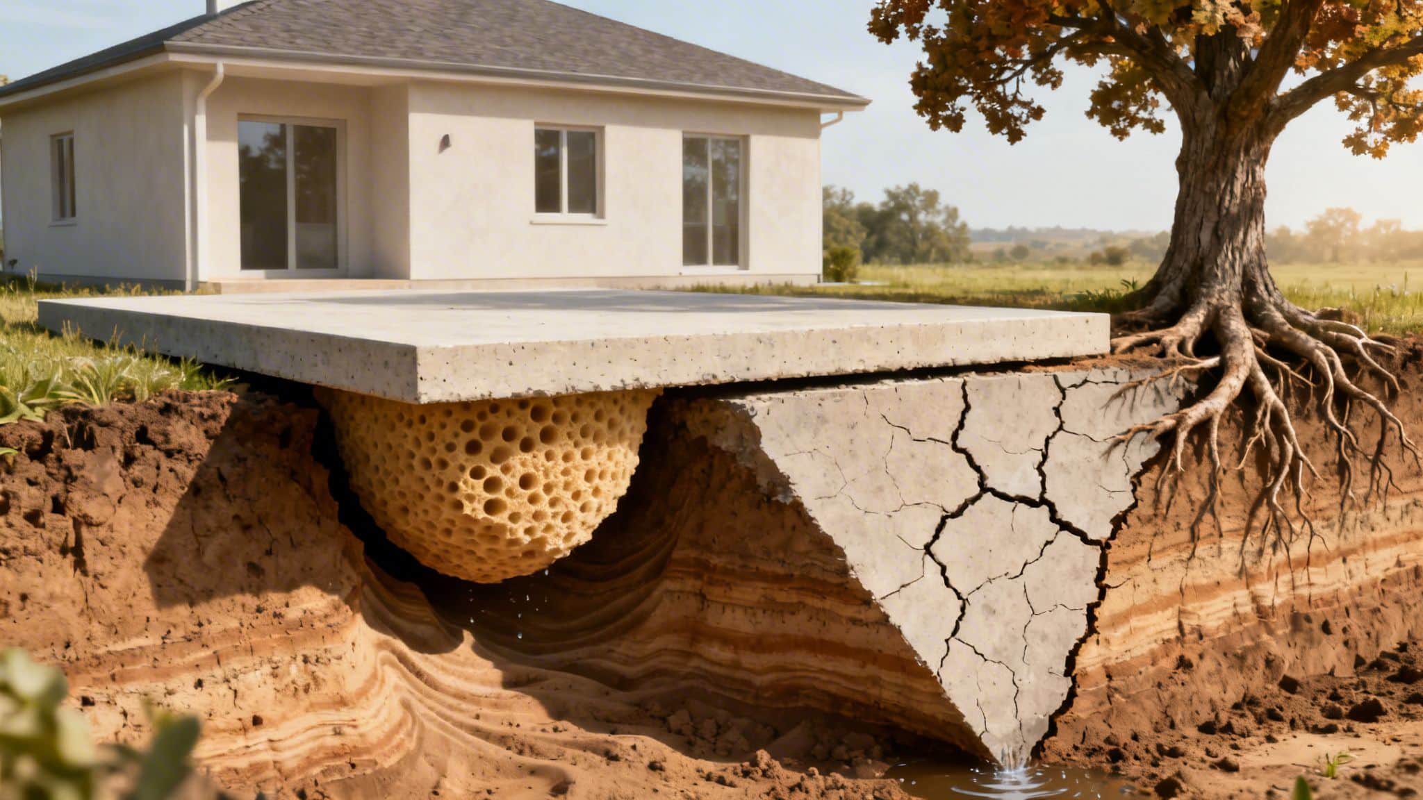 Cross-section of a house foundation revealing a hollowed sponge-like area and cracked concrete due to erosion and tree roots.