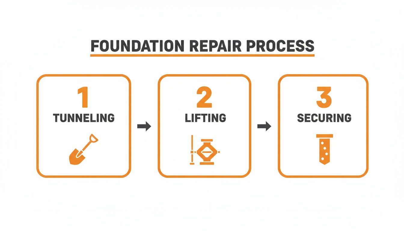 An infographic illustrating the three steps of a foundation repair process: tunneling, lifting, and securing.