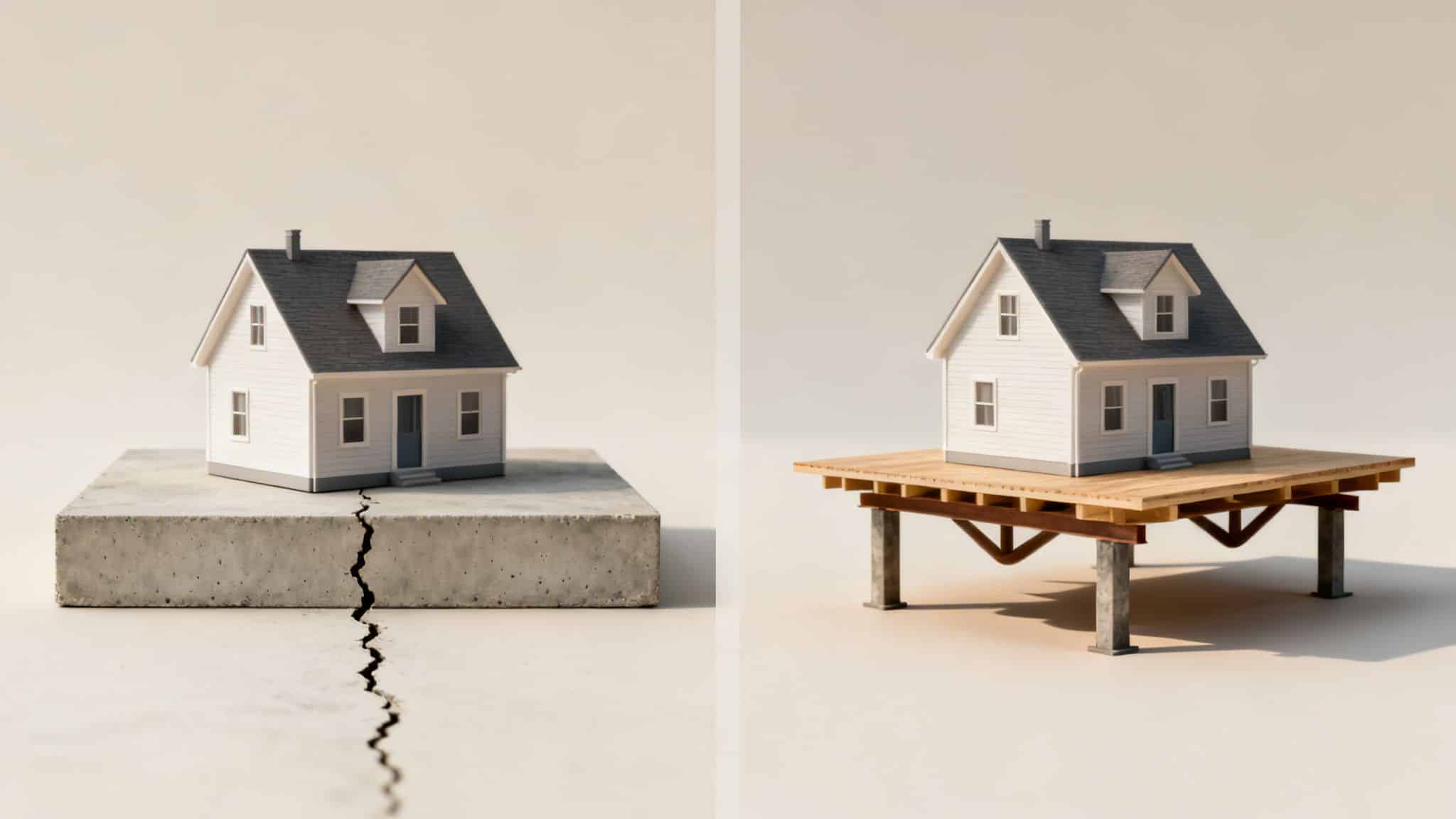 Two miniature houses demonstrating cracked, unstable foundations versus elevated, stable home structures.