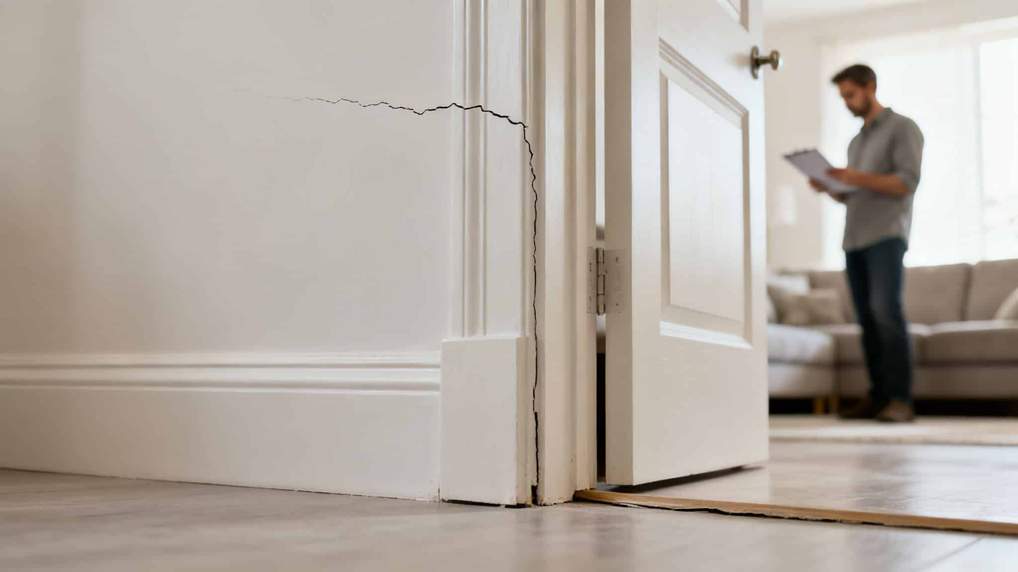 A large, jagged crack visible in a white wall next to a door frame, indicating structural damage.