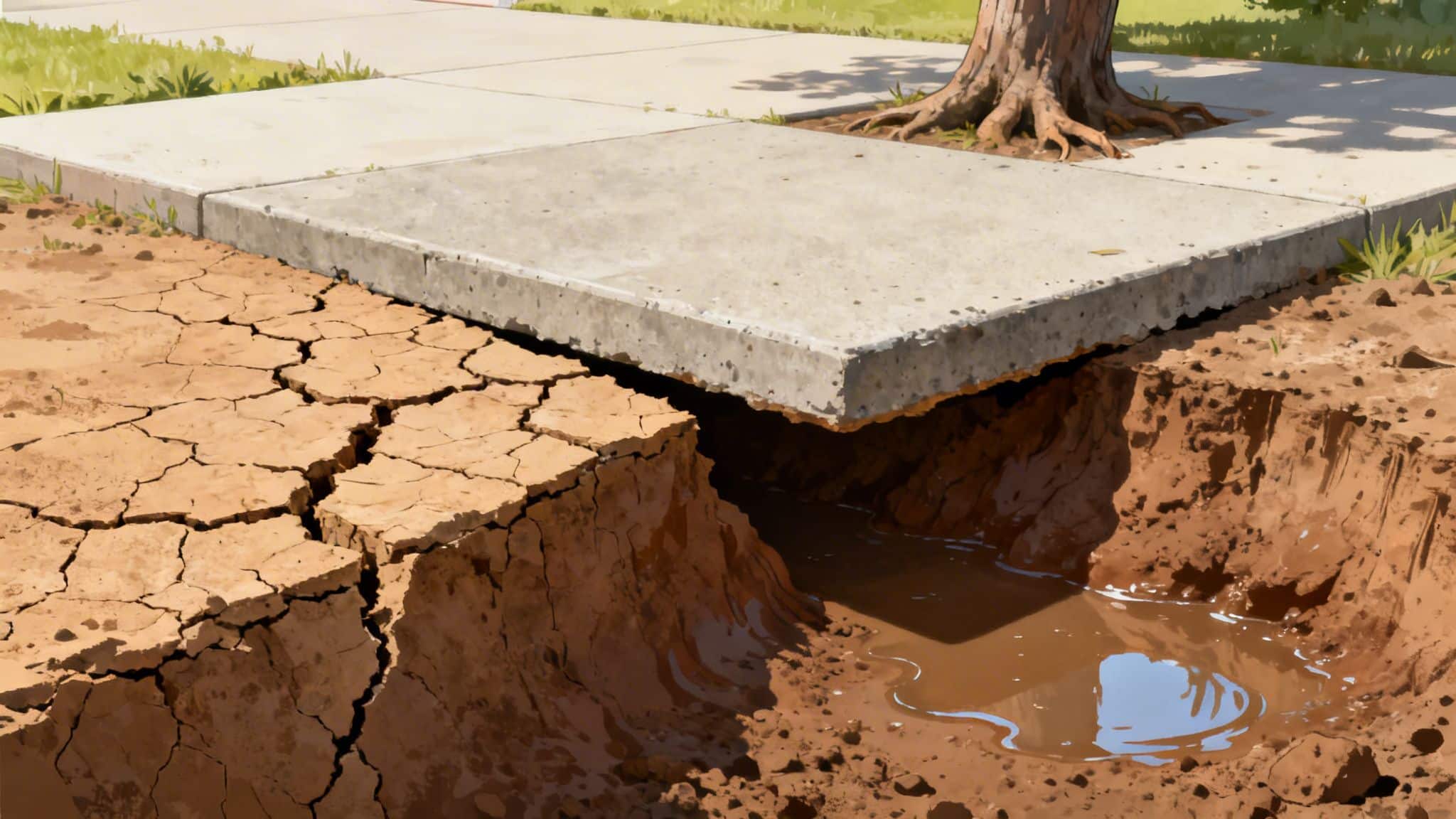 A concrete sidewalk slab separated from severely cracked dry earth, with a muddy puddle beneath due to erosion.