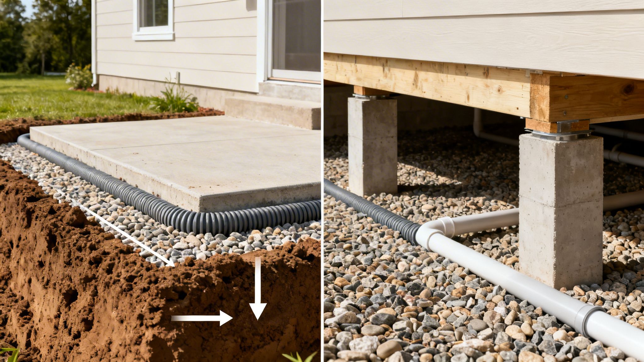 Installation of a french drain system next to a concrete patio and under a house foundation.