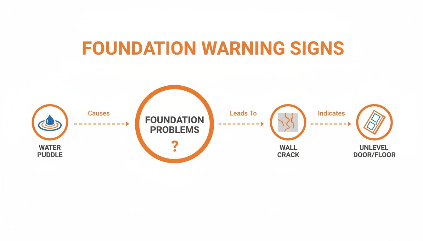 Diagram illustrating foundation warning signs: water puddles cause problems leading to wall cracks and unlevel doors.