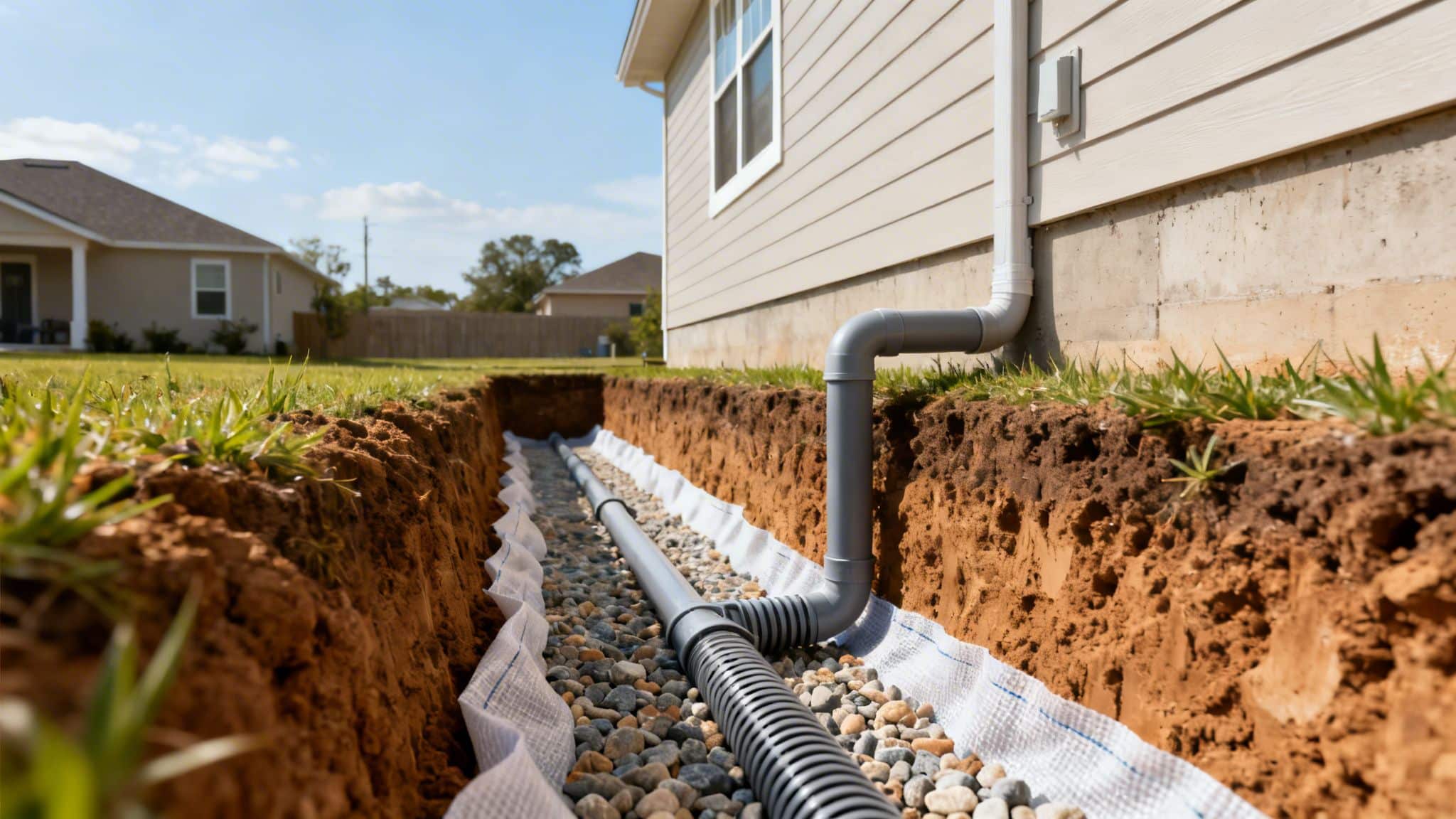 A newly installed French drain system with pipes and gravel in a trench next to a house foundation.
