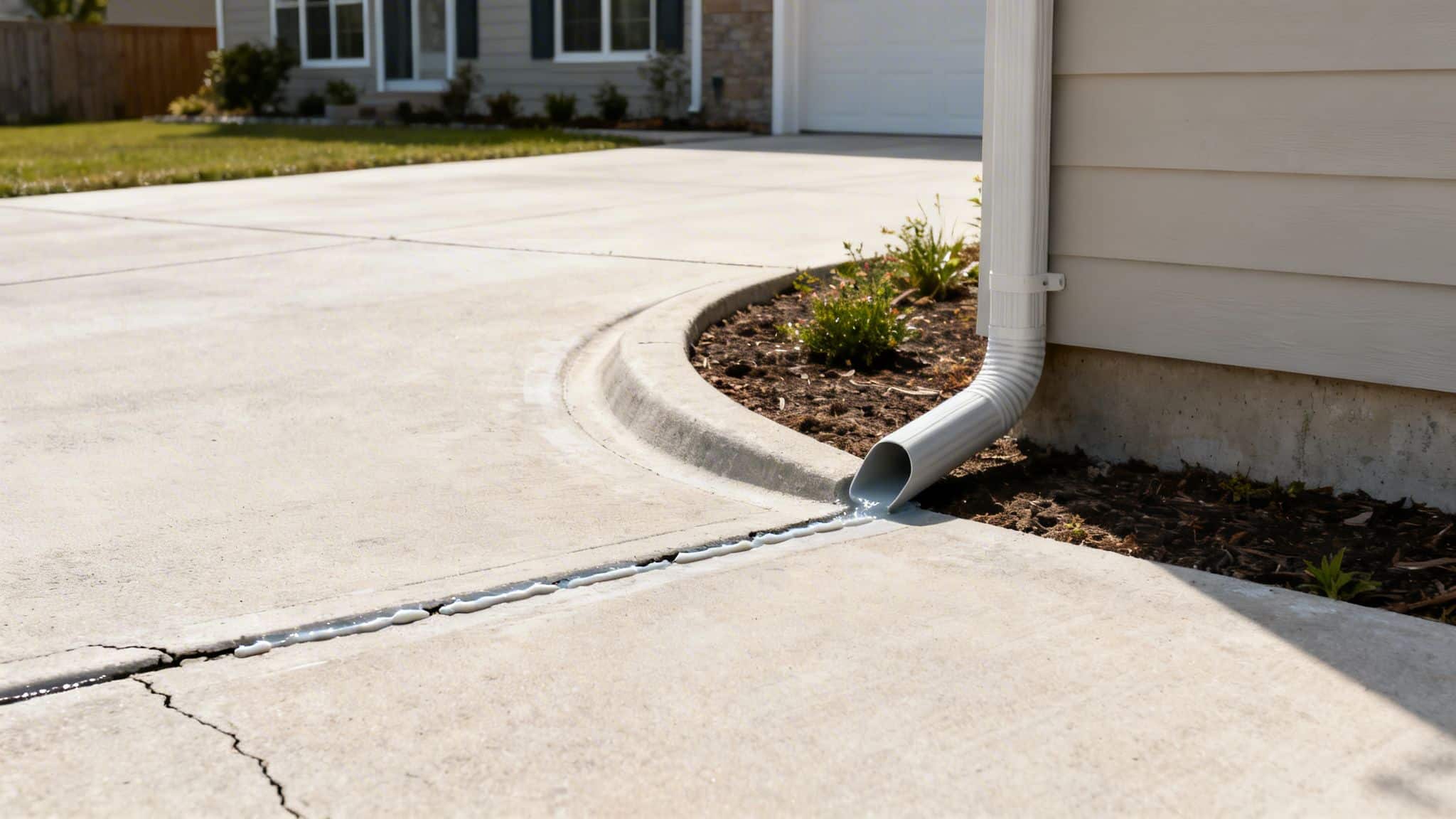 A downspout drains water onto a concrete driveway crack being repaired with white sealant.