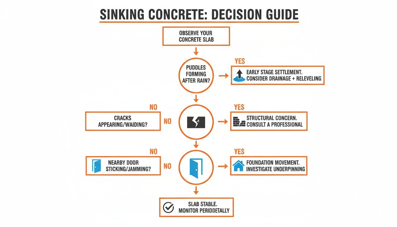 Flowchart decision guide for sinking concrete, diagnosing issues like puddles, cracks, and sticking doors.