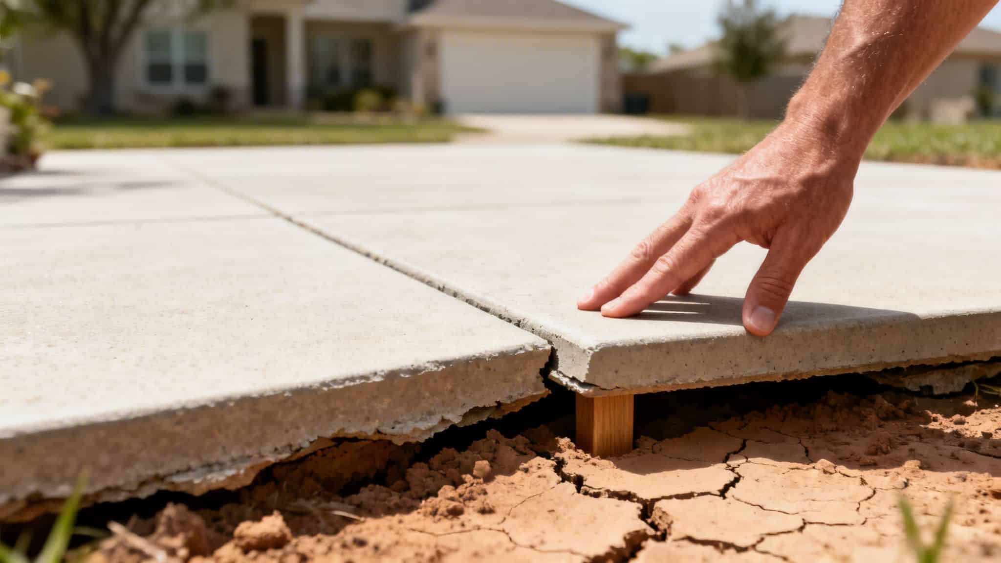 A person's hand touches a dangerously raised concrete driveway slab, revealing dry, cracked soil underneath.