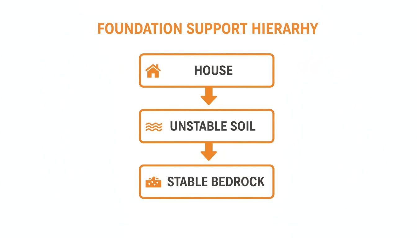 Flowchart illustrating the foundation support hierarchy from a house, through unstable soil, to stable bedrock.