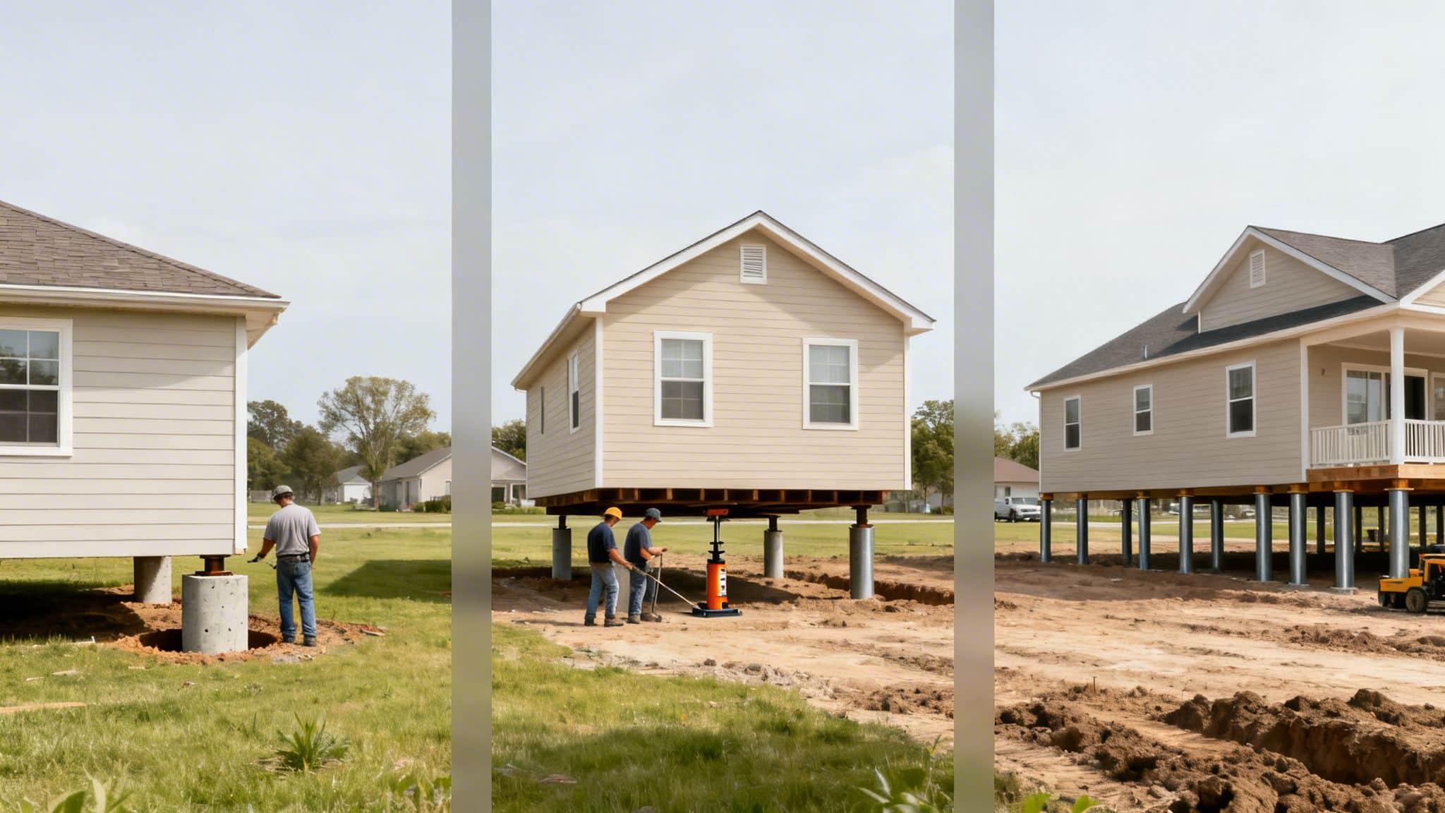 Construction workers building houses on elevated pier foundations, with one house being lifted by jacks.