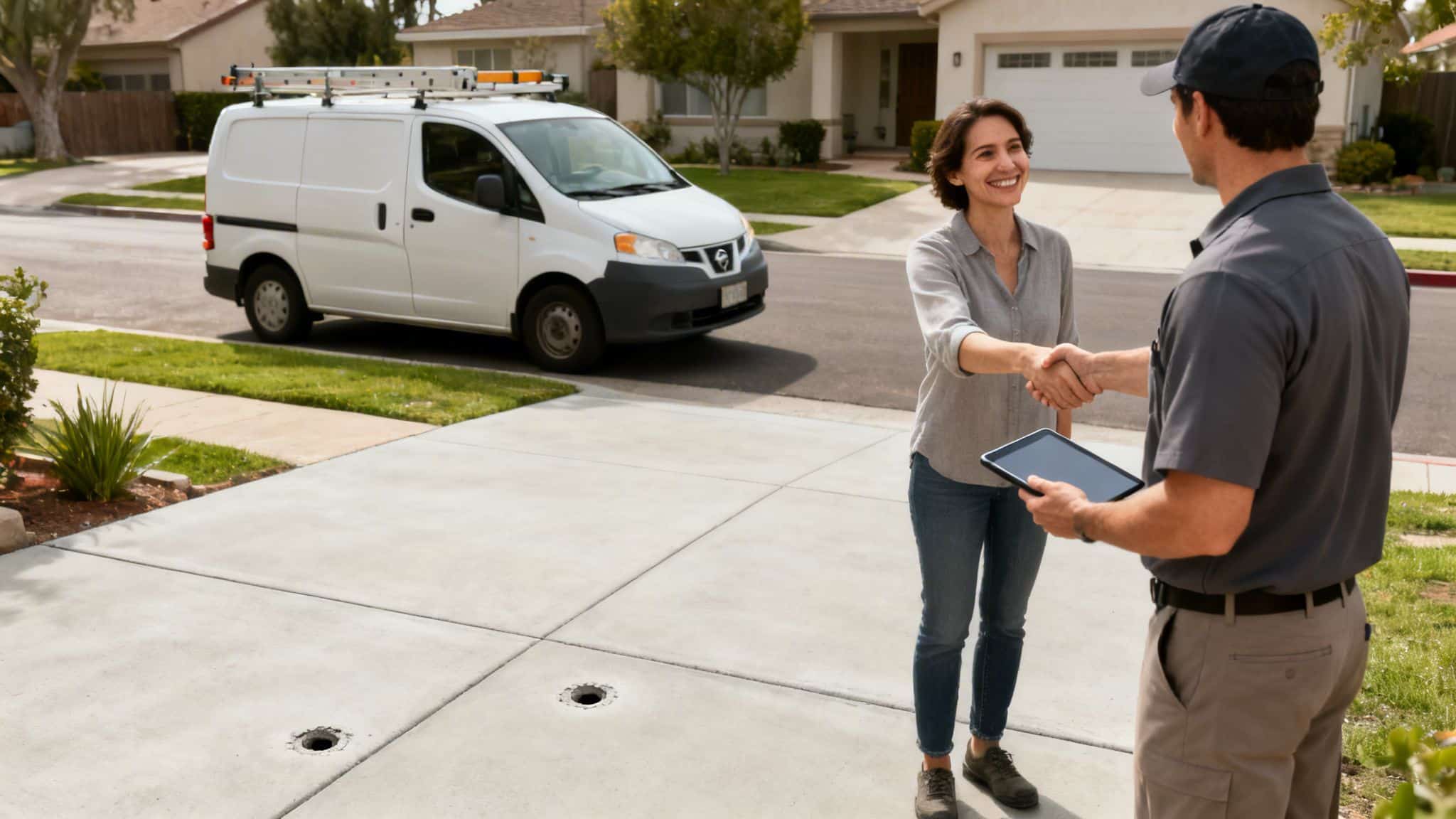 Smiling customer shaking hands with a service technician holding a tablet on a concrete driveway near a service van.