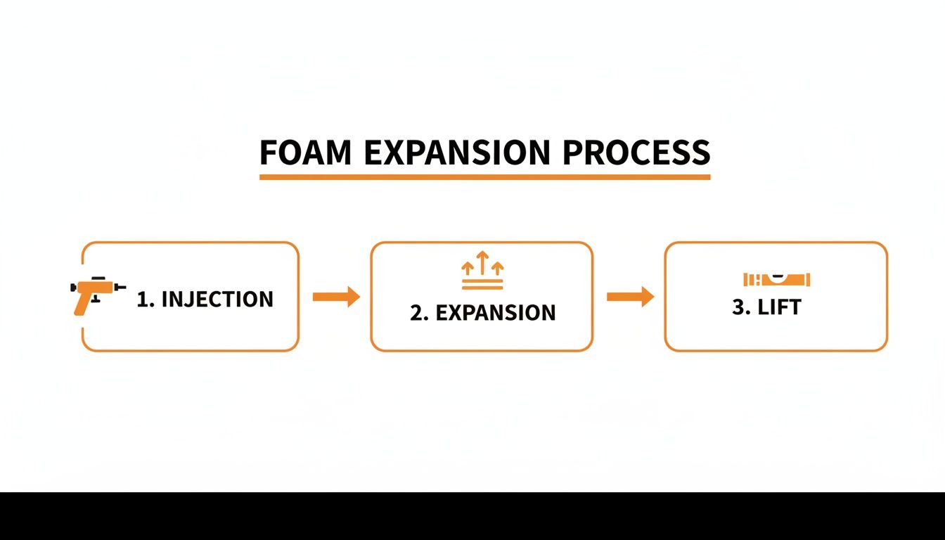 Diagram illustrating the three-step foam expansion process for concrete leveling: injection, expansion, and lift.