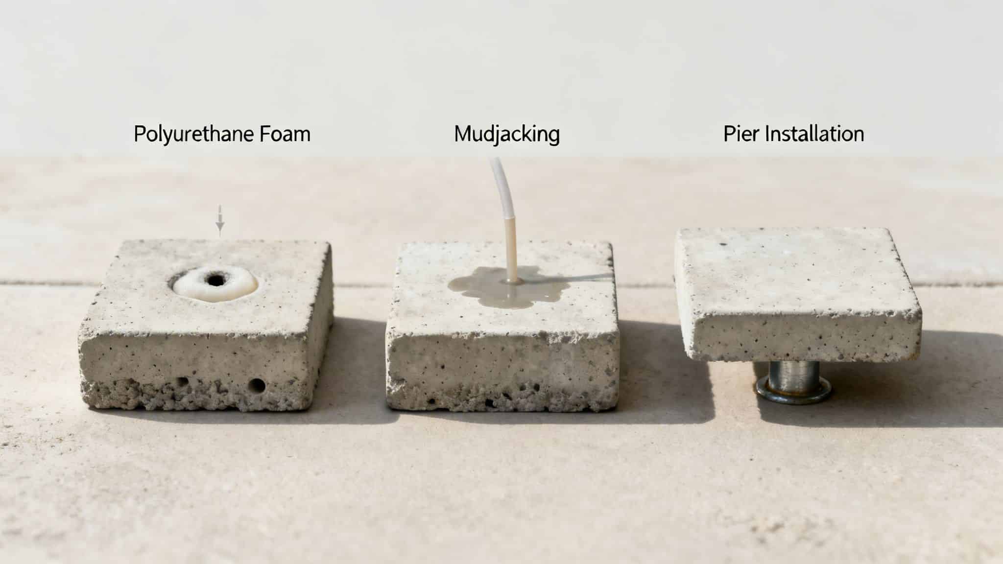 Three concrete blocks demonstrating polyurethane foam, mudjacking, and pier installation for concrete lifting.