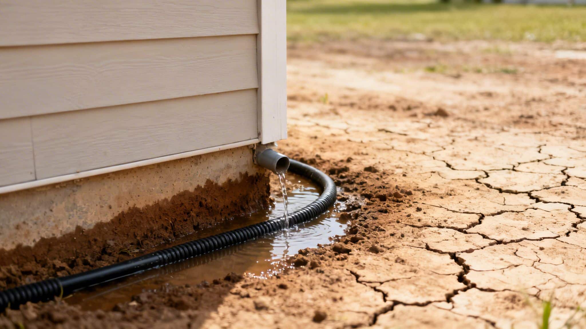 Water from a downspout flows through a black corrugated pipe onto dry, cracked earth near a building foundation.