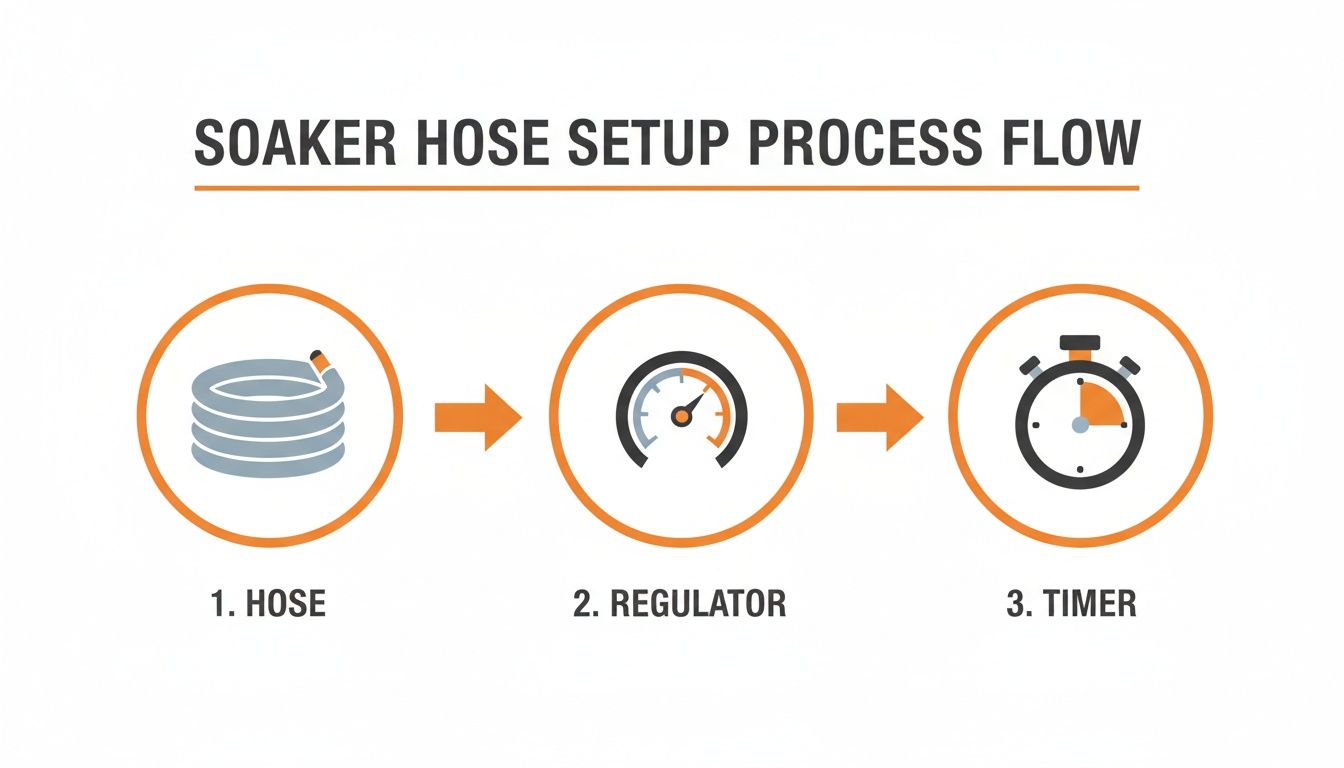 Process flow diagram showing soaker hose setup: hose, regulator, and timer steps.