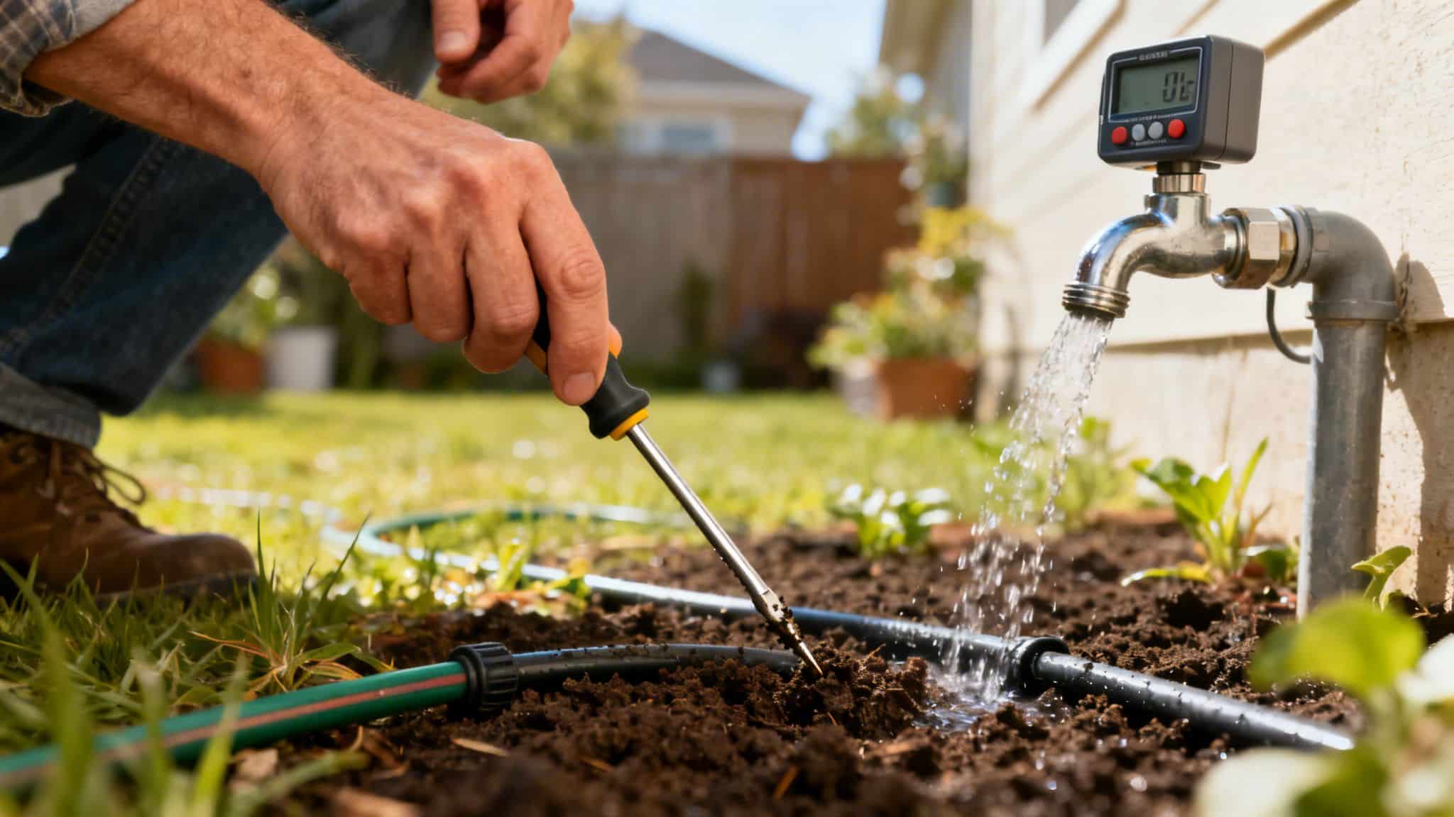 A person's hands installing a soaker hose system in a garden, with water flowing from a tap.