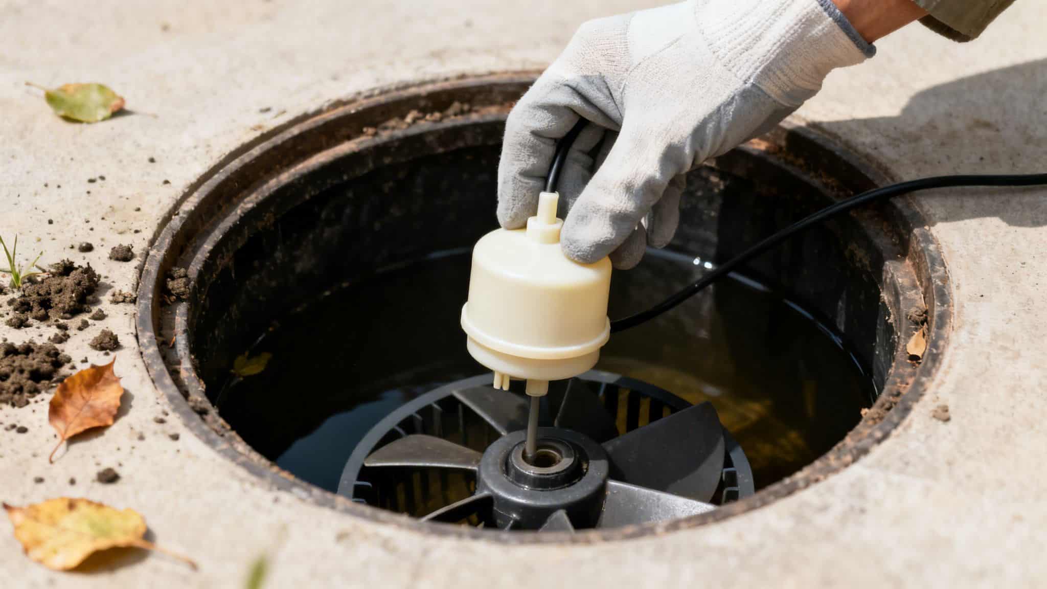 Gloved hand lowers a beige float switch into a dark sump pump pit with water.
