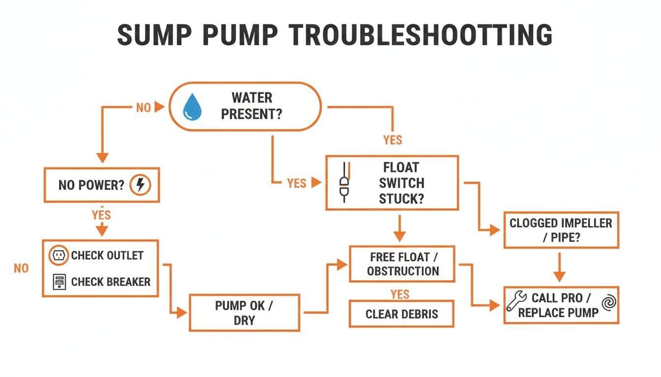 A flowchart illustrating the steps to troubleshoot common sump pump problems, including power and water issues.