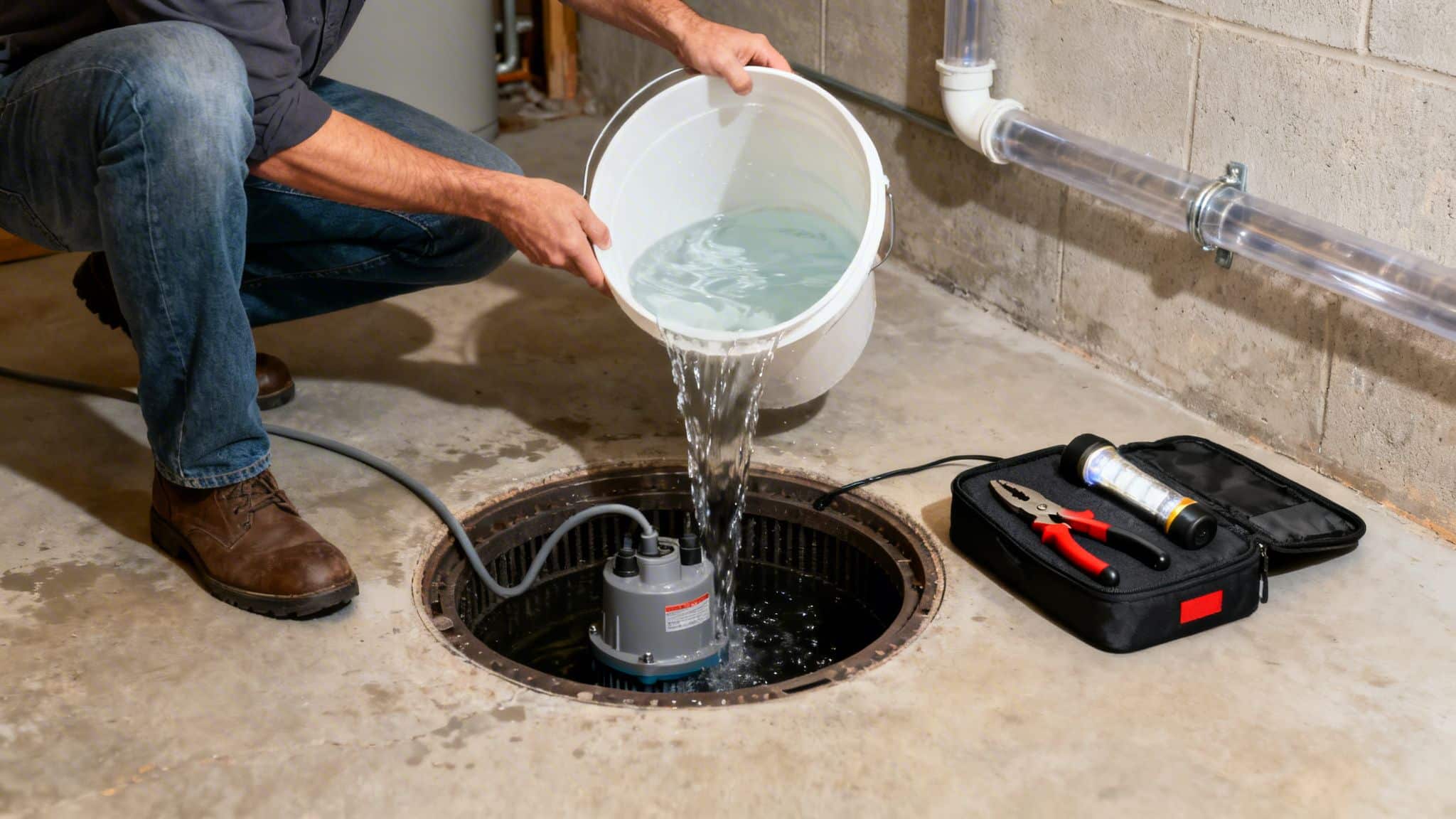 A person pours water from a bucket into a basement sump pump pit for testing.