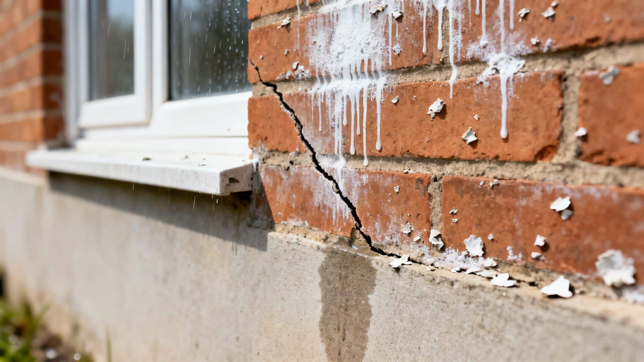 A severe crack runs down a brick wall, showing water damage, peeling paint, and a window.