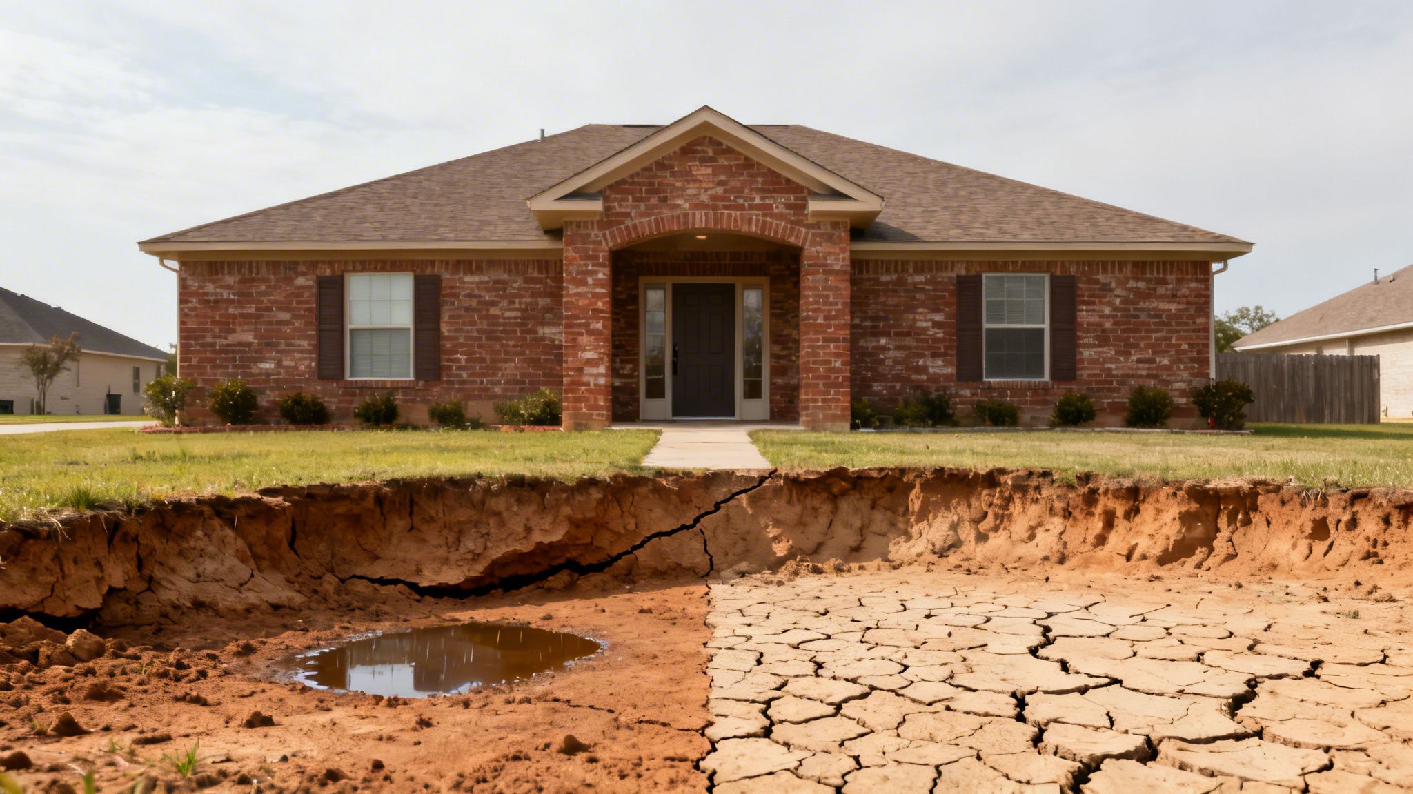A brick house with a green lawn above a sinkhole containing water and cracked dry earth.