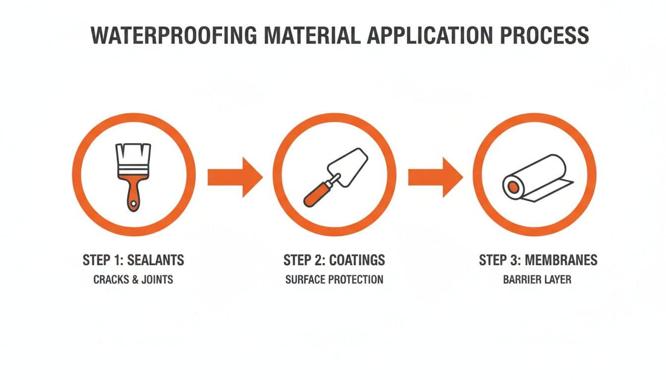 A diagram illustrating the three-step waterproofing material application process: sealants, coatings, and membranes.