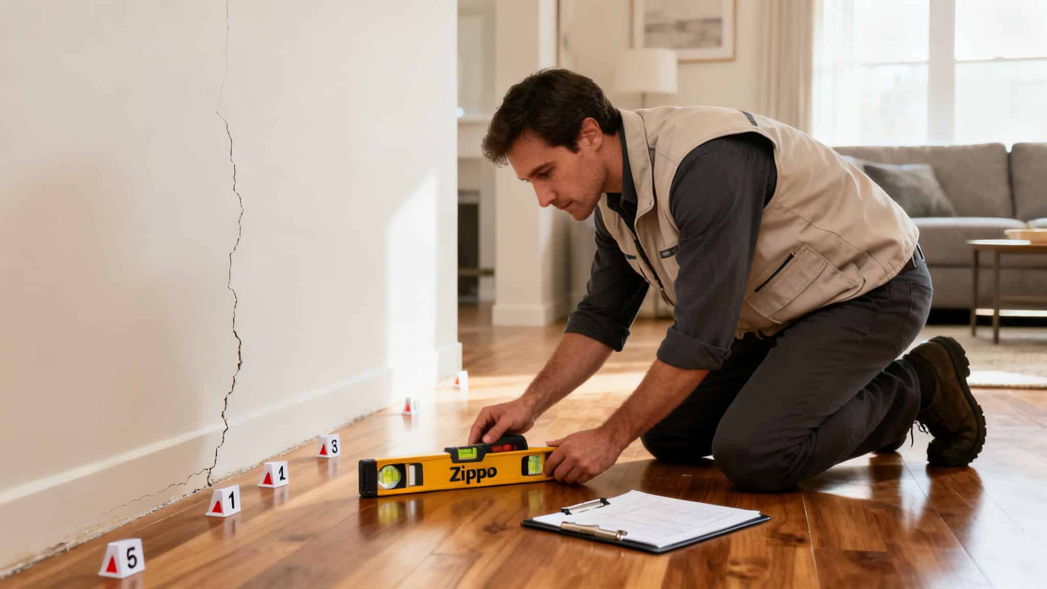 A man kneels on a wooden floor, inspecting a large crack in a white wall with a level tool, near numbered markers.