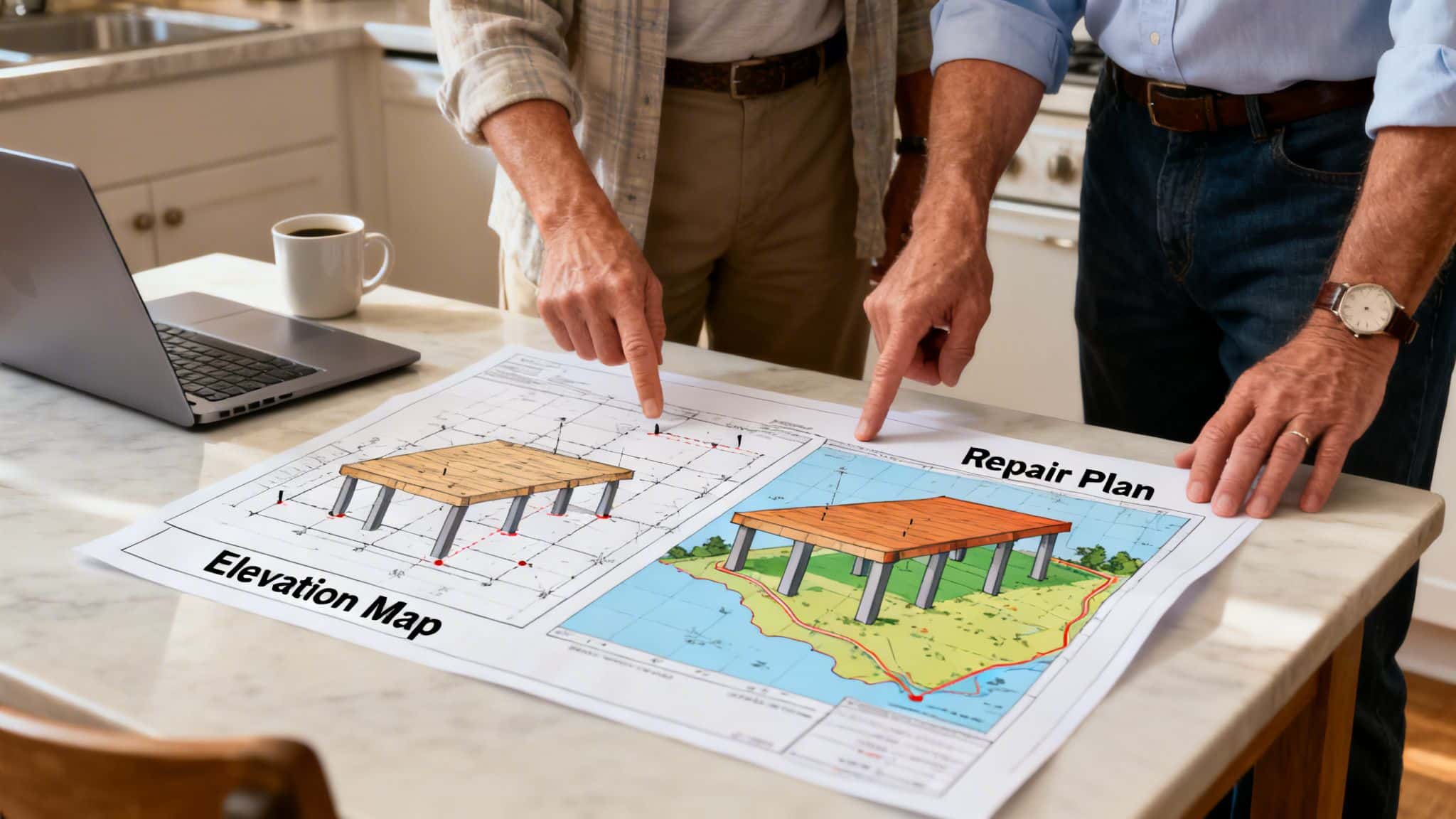 Two senior men reviewing foundation repair plans and an elevation map on a kitchen counter.